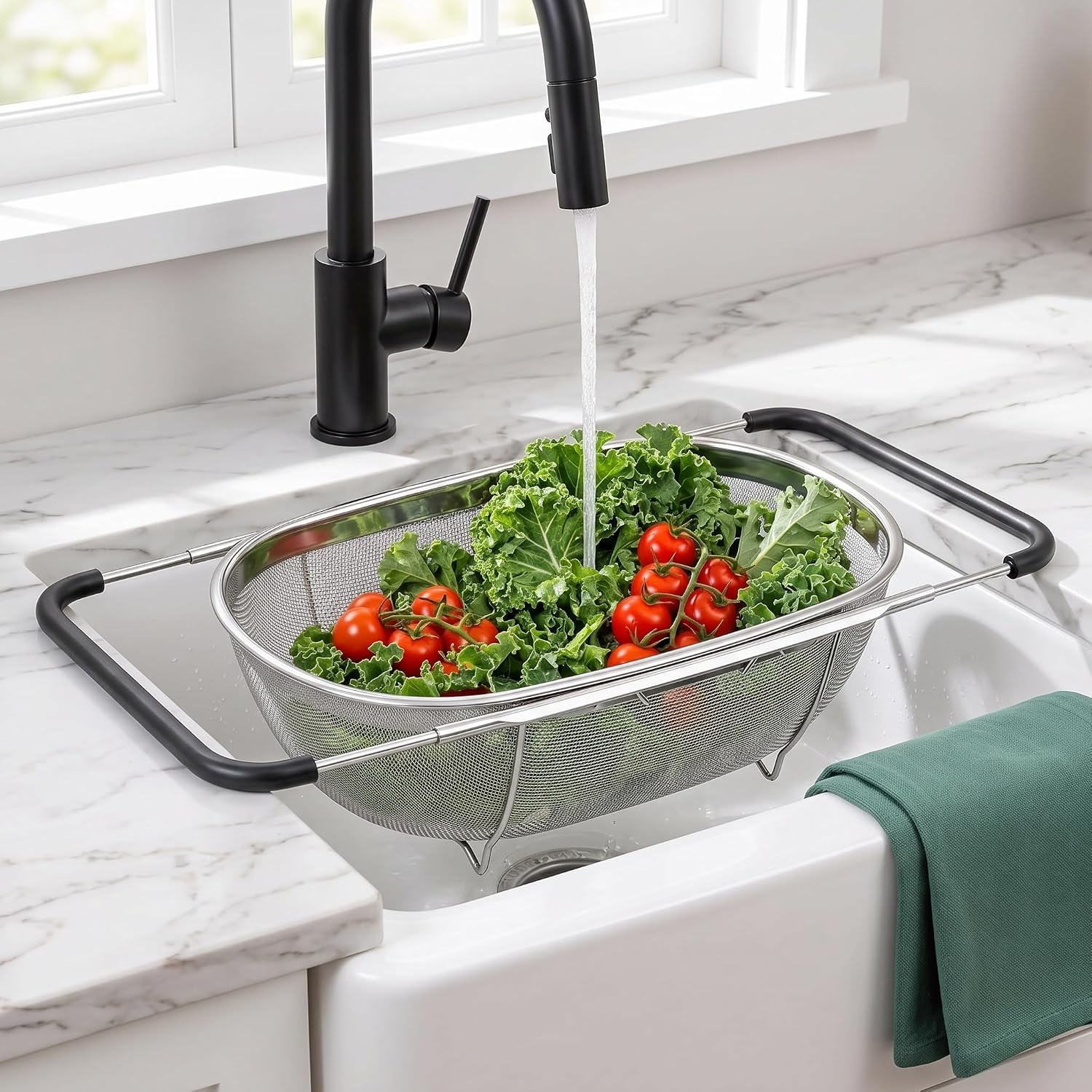 2 Pack Over The Sink Oval Colander Stainless Steel Fine Mesh 6 Quart Strainer Basket With Expandable Rubber Grip Handles For Pasta Fruits Vegetables