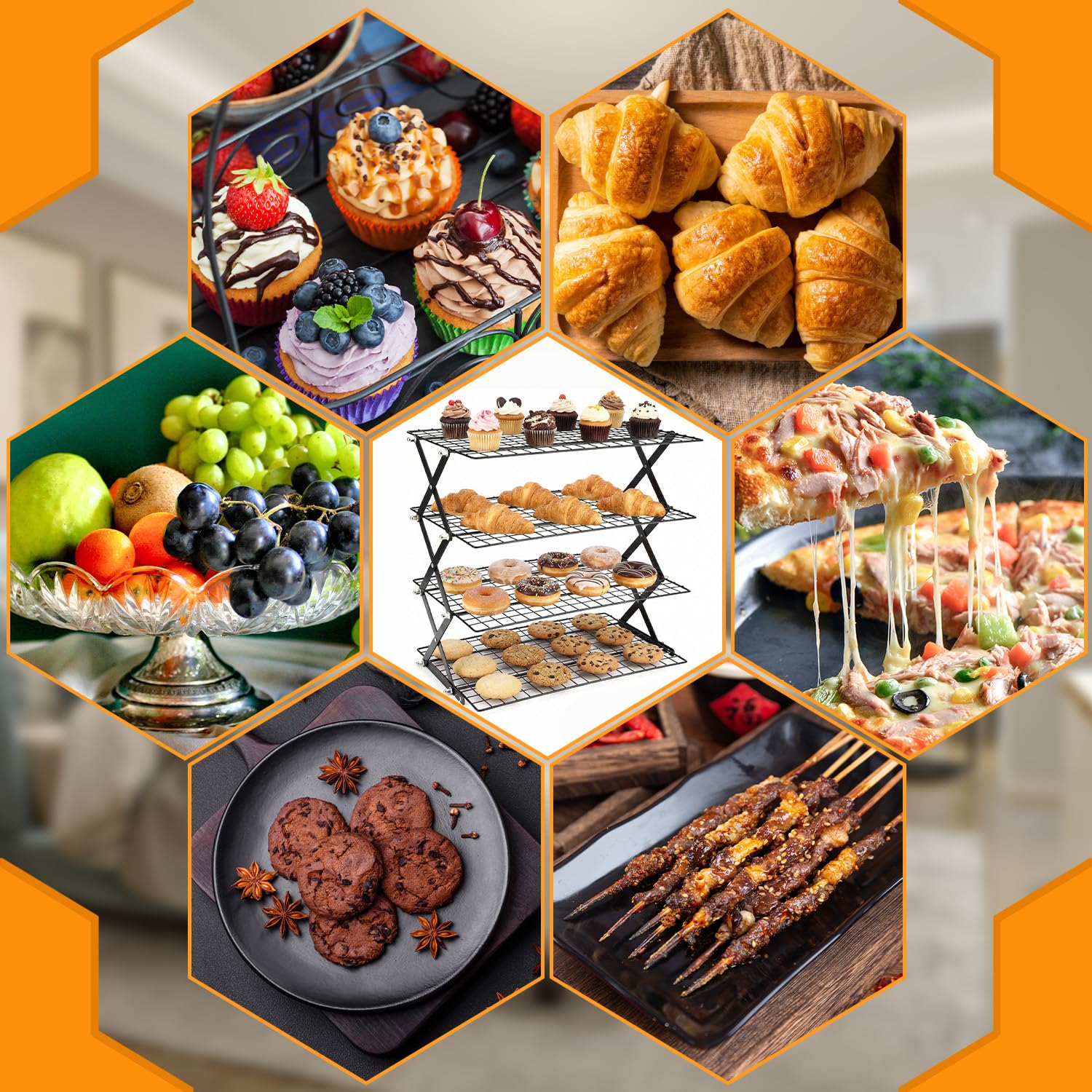 Griglia di raffreddamento pieghevole a 4 ripiani per cottura, 43 x 45 cm, griglia di raffreddamento pieghevole per torte, griglia di raffreddamento a forma di X, salvaspazio per muffin