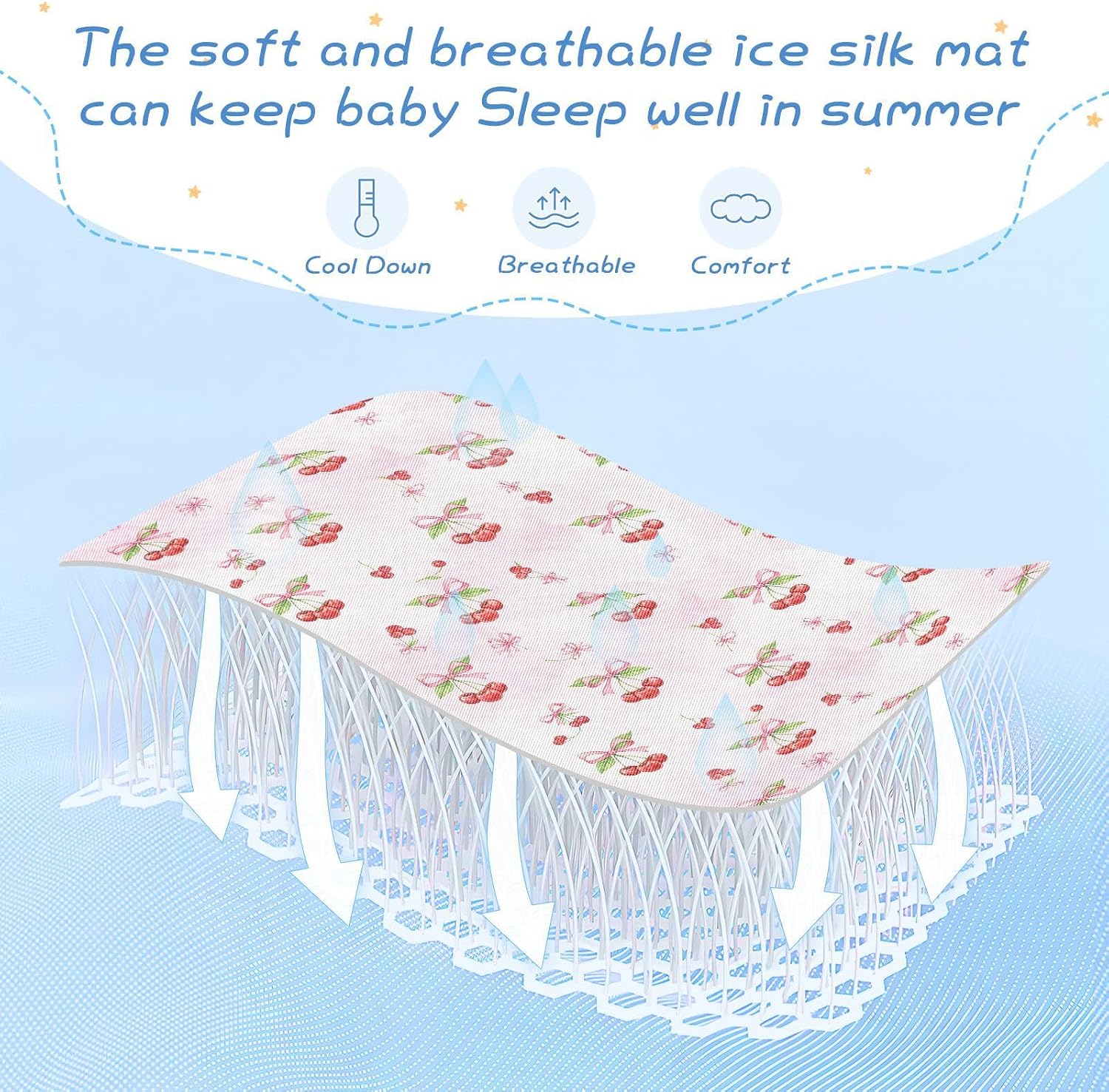 Baby Cooling Mat Watercolor Cherry Ice Silk Breathable Mesh Summer Crib Mattress Pad with Pillowcase, Soft Cooling Sleeping Surface for Infant & Toddler, 52"x28"