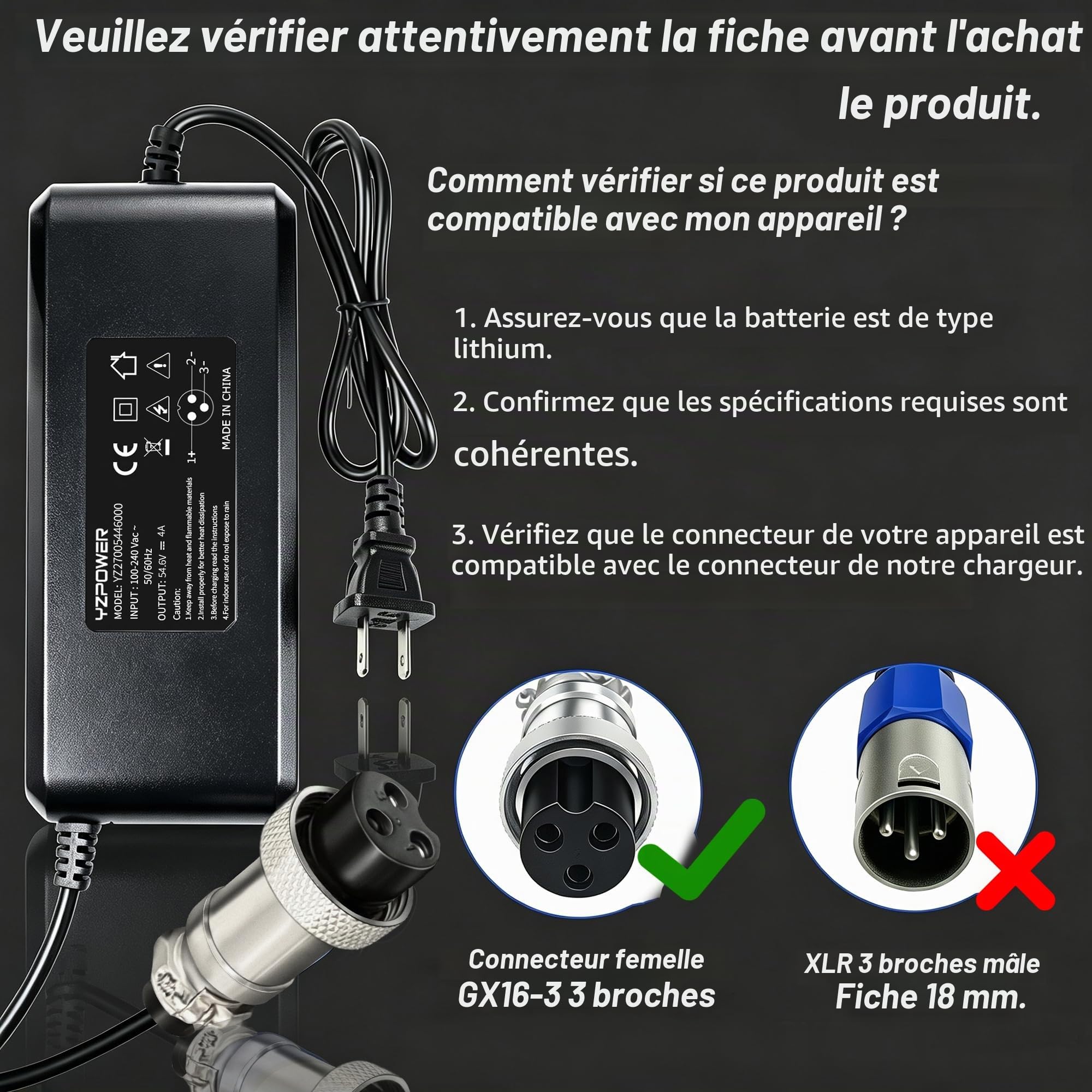 Chargeur 54,6V 4A pour vélo électrique à Batterie Lithium 48V | Compatible trottinettes électriques, ventilateur, affichage tension, protections multiples, connecteur GX16-3