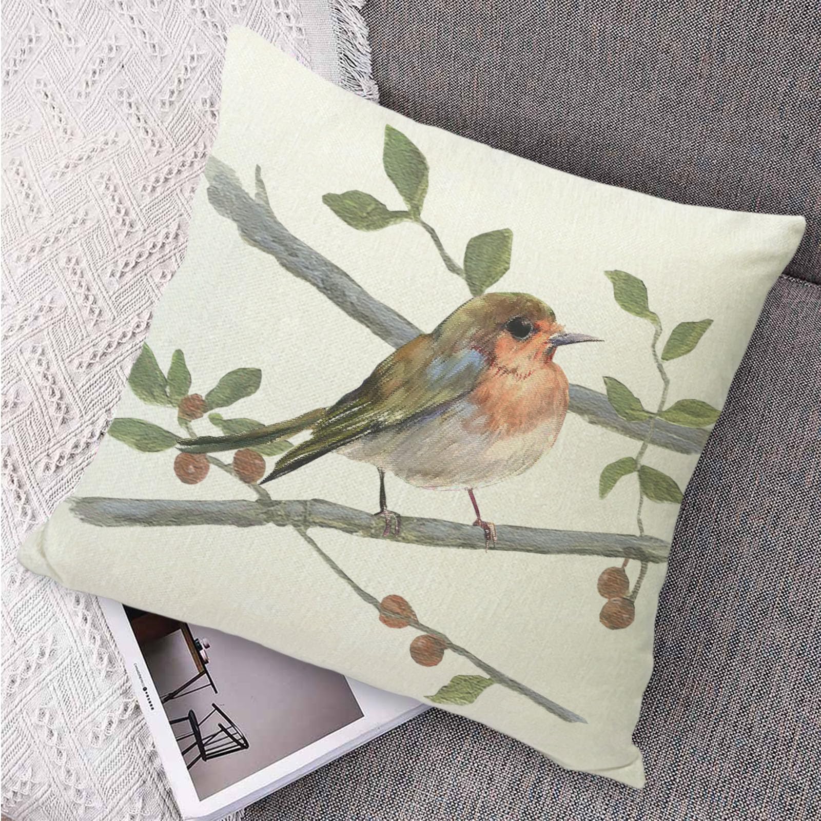 Linen Pillow Covers 18x18 Farmhouse Animal Decoration Bird Pillowcase Cushion Cover for Patio Garden Sofa Couch Bed Chair Car 4