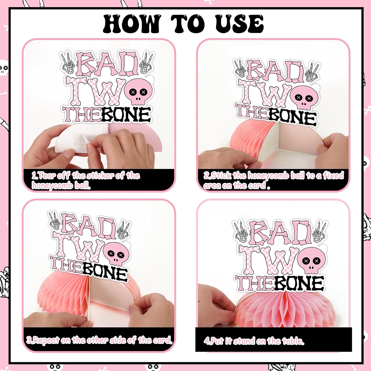 Bad Two The Bone Party Decoration, 8pcs Skeleton 2nd Birthday Decoration Photo Honeycomb Centerpiece Pink Bad Two The Bone Table Decoration for Girl Music Rock and Roll 2nd Birthday Party