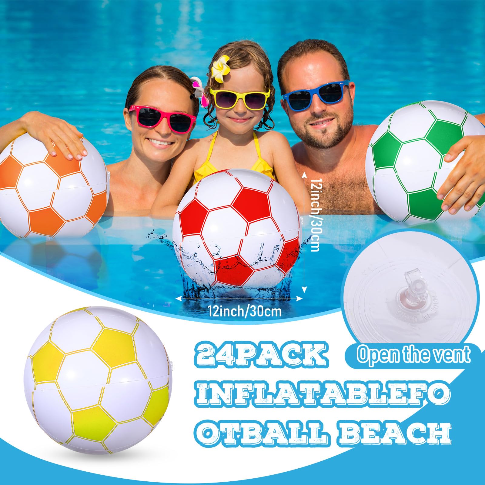 24 pelotas inflables de playa de fútbol de 16 pulgadas, bolas de playa a granel para fiestas de fútbol de verano, juegos de piscina para deportes al aire libre, suministros de decoración de 3