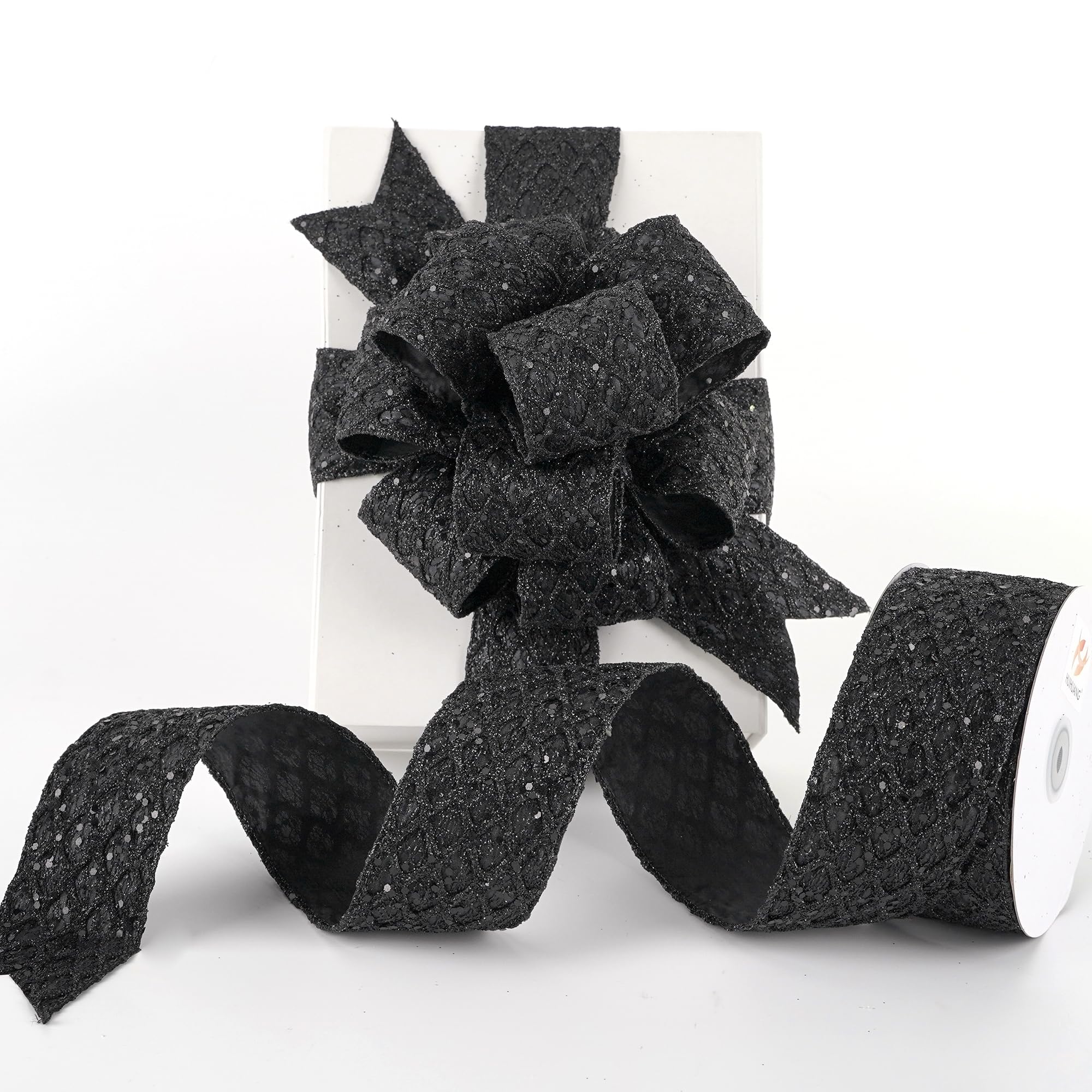 HUIHUANG Glitter Black Wired Ribbon for Christmas Tree 2.5 inch Black Diamond Mesh Wire Ribbon for Tree Decoration, Wreaths, Garland, Gift Wrapping, Bows Making, Halloween Decor -10 Yards