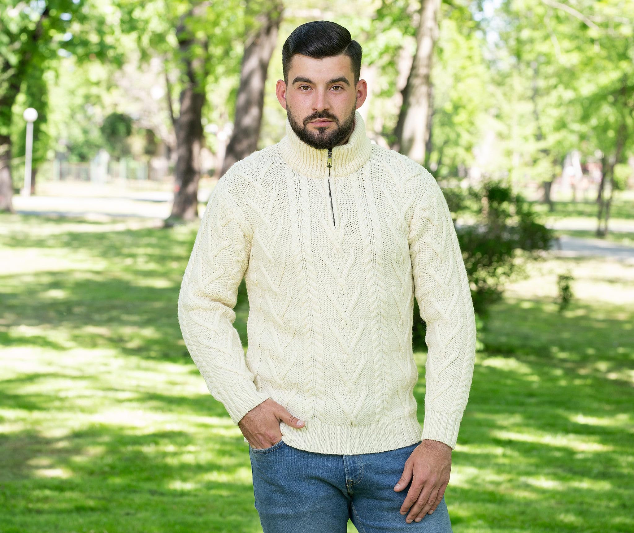SAOL 100% Lana Merino para Hombre, Cuello con Cremallera, Pescador irlandés, Tejido de Cable, suéter al Aire Libre de Invierno