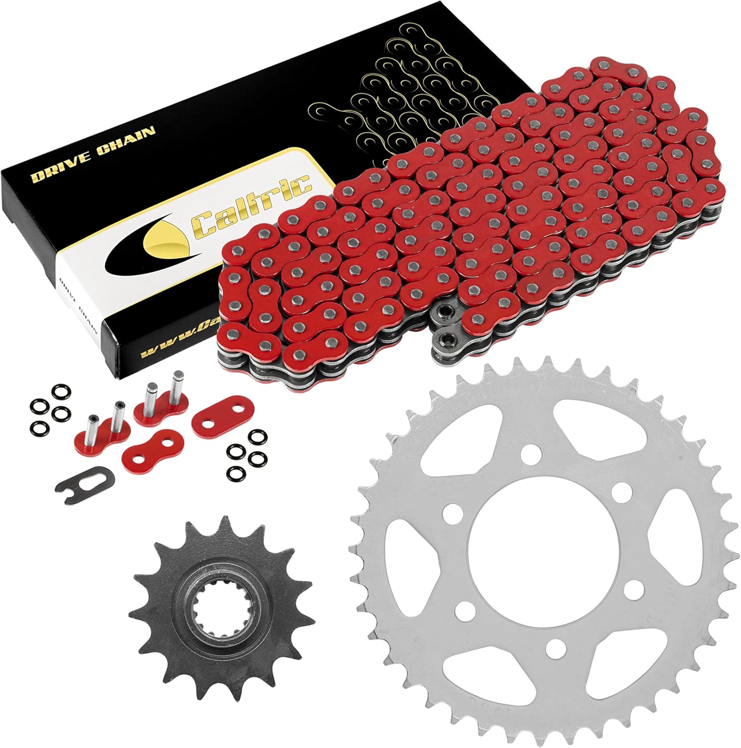 Caltric Red O-Ring Drive Chain & Sprockets Kit Compatible with Kawasaki Zx600 Zzr600 Zz-R600 2005-2008