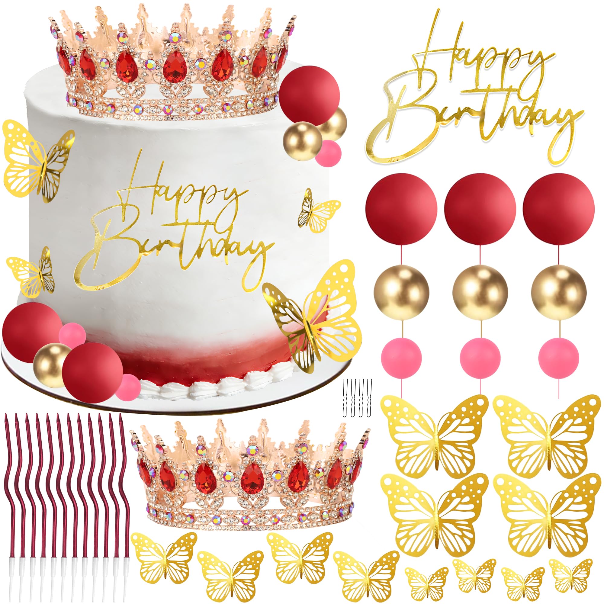 Happy Birthday Crown Cake Topper Candles Butterfly Balls Decoration