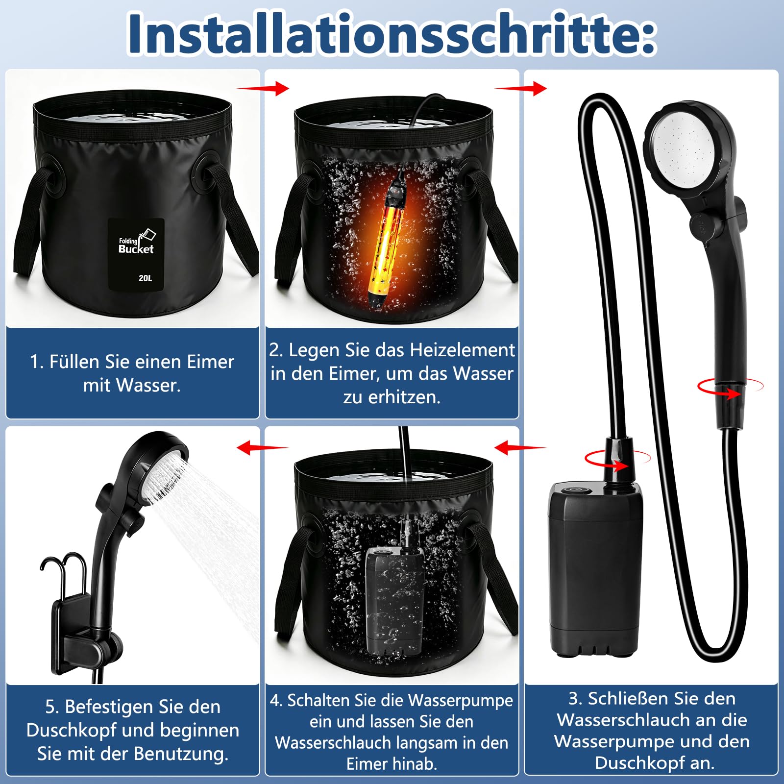 Ducha Portatil Agua Caliente 6000 mAh, Ducha Portatil Camping | con Función de Calefacción y Cubo Plegable de 20 L, Batería de Ducha de Camping con Indicador de Temperatura para Viajes al