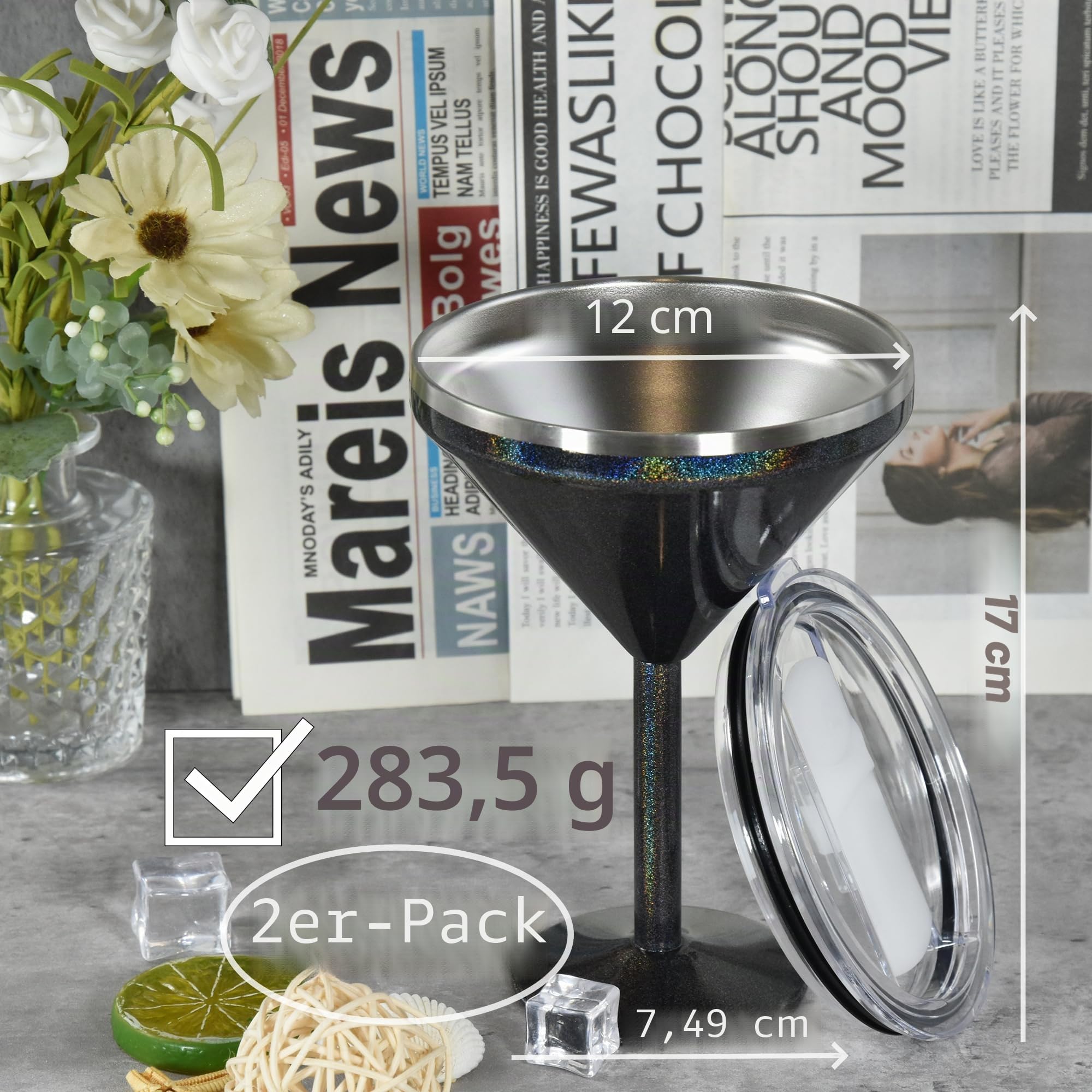 AGH Martini-Becher aus Edelstahl mit Deckel, 284 ml, isolierter Margarita-Becher, doppelwandig, Vakuum-Cocktailbecher, Weingläser für Party, Urlaub, Pool, Strand und Terrasse, 2 Stück (Glitzerfarbe