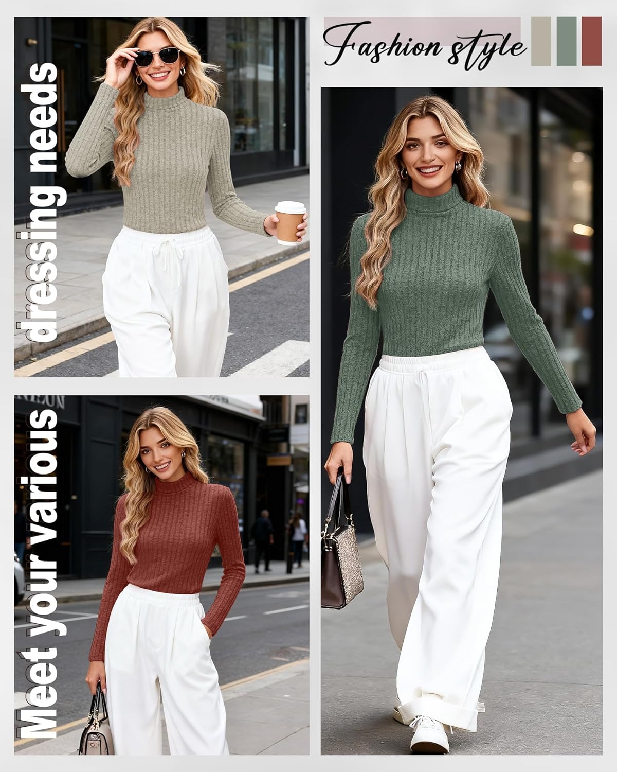 3 Pack Women's Long Sleeve Turtleneck Shirts Ribbed Knit Slim Fit Undershirts Basic Thermal Underwear Tops - Image 4