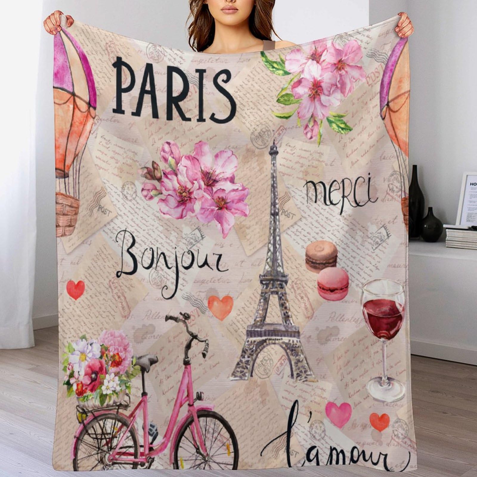 Paris Eiffel Tower Throw Blanket Pink Flowers Towers Bicycle Pattern Soft Lightweight Warm Plush Blankets for Sofa Bedroom 40"x50"