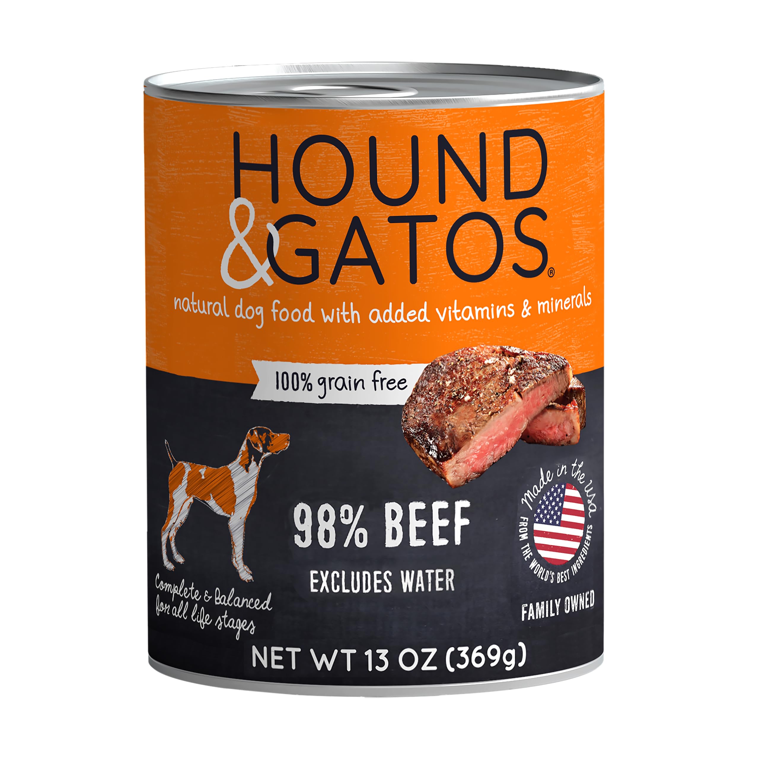 Hound & Gatos Wet Dog Food, 98% Beef, case of 12, 13 oz cans