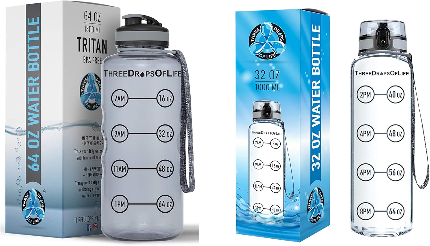 Three Drops of Life Small 32oz and Large 64oz Hydration Tracking Water Bottles, Tritan BPA Free Plastic Bottles, Clear Strong Reusable Bottles