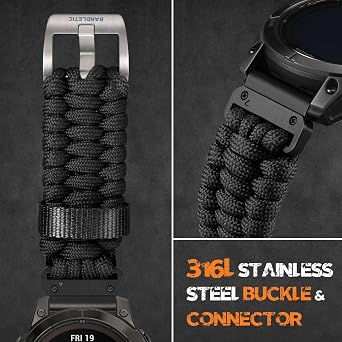Bandletic Compatible with Garmin Fenix 5X Watch Band - Military Survival Paracord Woven Quick Fit 26mm Band for Fenix 8 51mm/7X/7X Pro/6X/6X Pro/5X Plus/3/3 HR/Instinct 3 50mm/2X/Tactix/Enduro/Descent