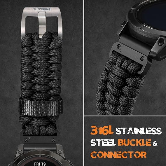 Bandletic Compatible with Garmin Fenix 5X Watch Band - Military Survival Paracord Woven Quick Fit 26mm Band for Fenix 8 51mm/7X/7X Pro/6X/6X Pro/5X Plus/3/3 HR/Instinct 3 50mm/2X/Tactix/Enduro/Descent