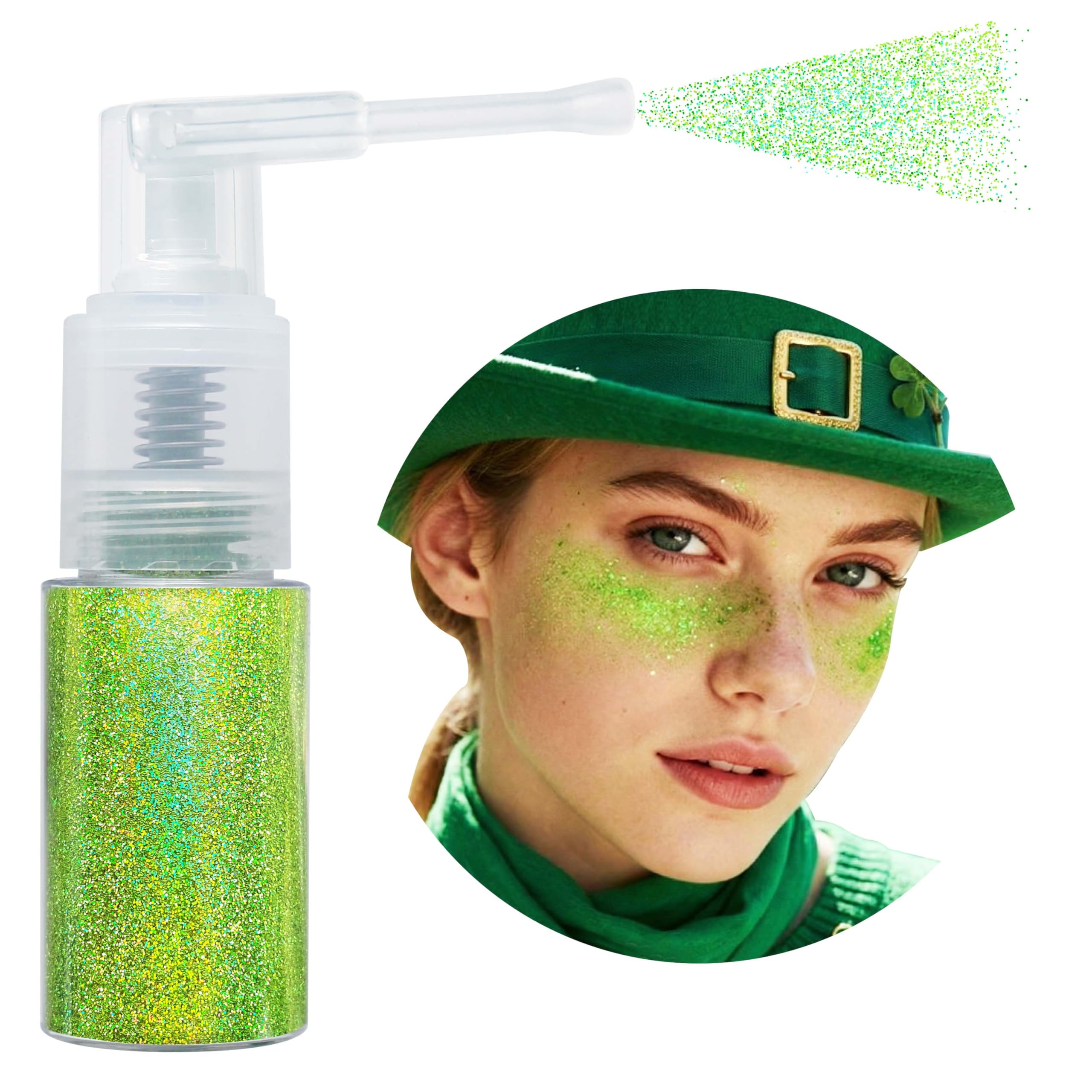 Golden Green Face Hair Body Glitter Spray St Patricks Day Accessories, Dry Powder Makeup, Shamrock Green Ultra Fine Glitter Highlighter for Rave Mardi Gras Easter