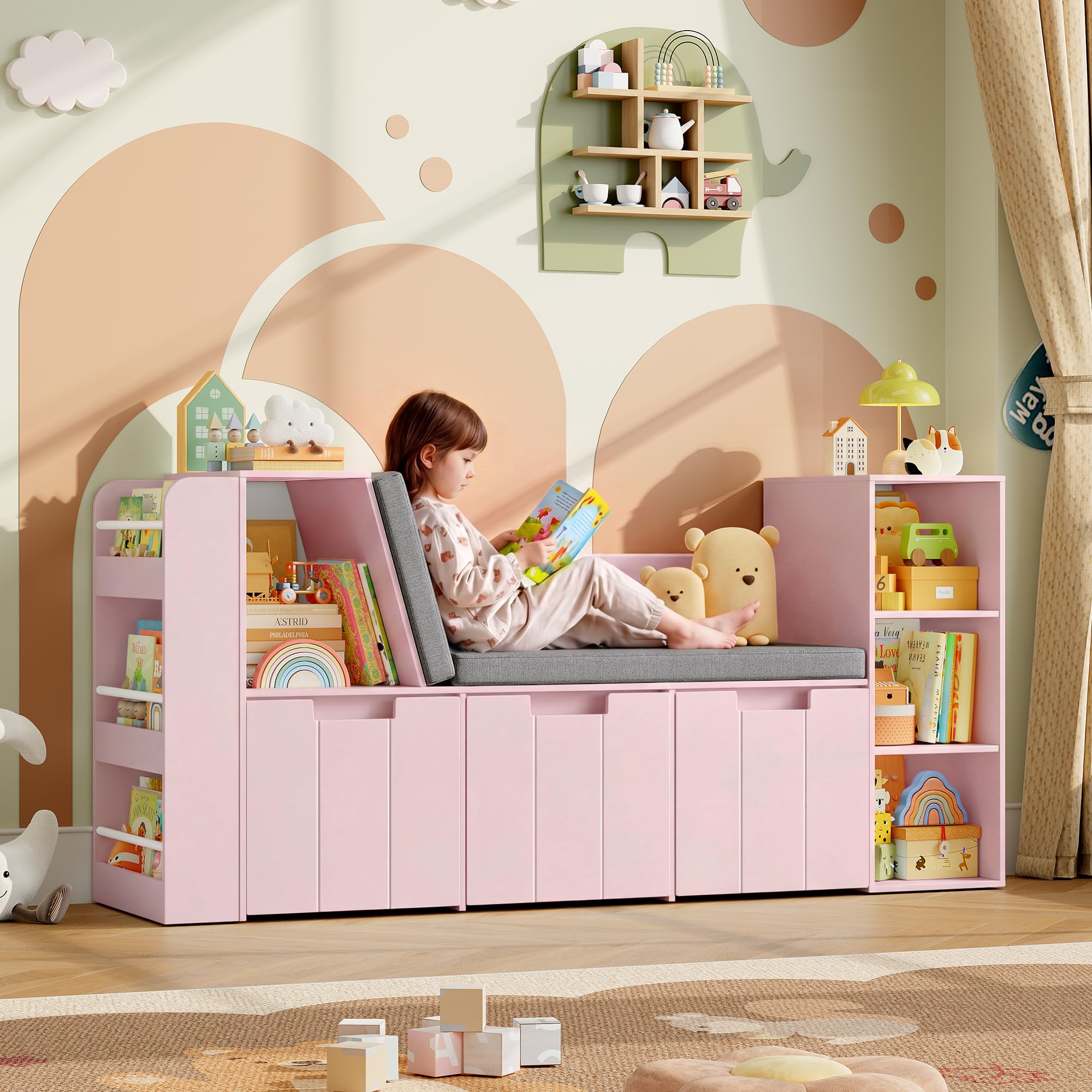 HOCSOK Bibliothèque Enfant, 156 cm Étagère pour Enfants avec Bibliothèque Banc, Meuble Rangement Jouet avec 3 Tiroirs Roulants, Rose, 80×38×156 cm