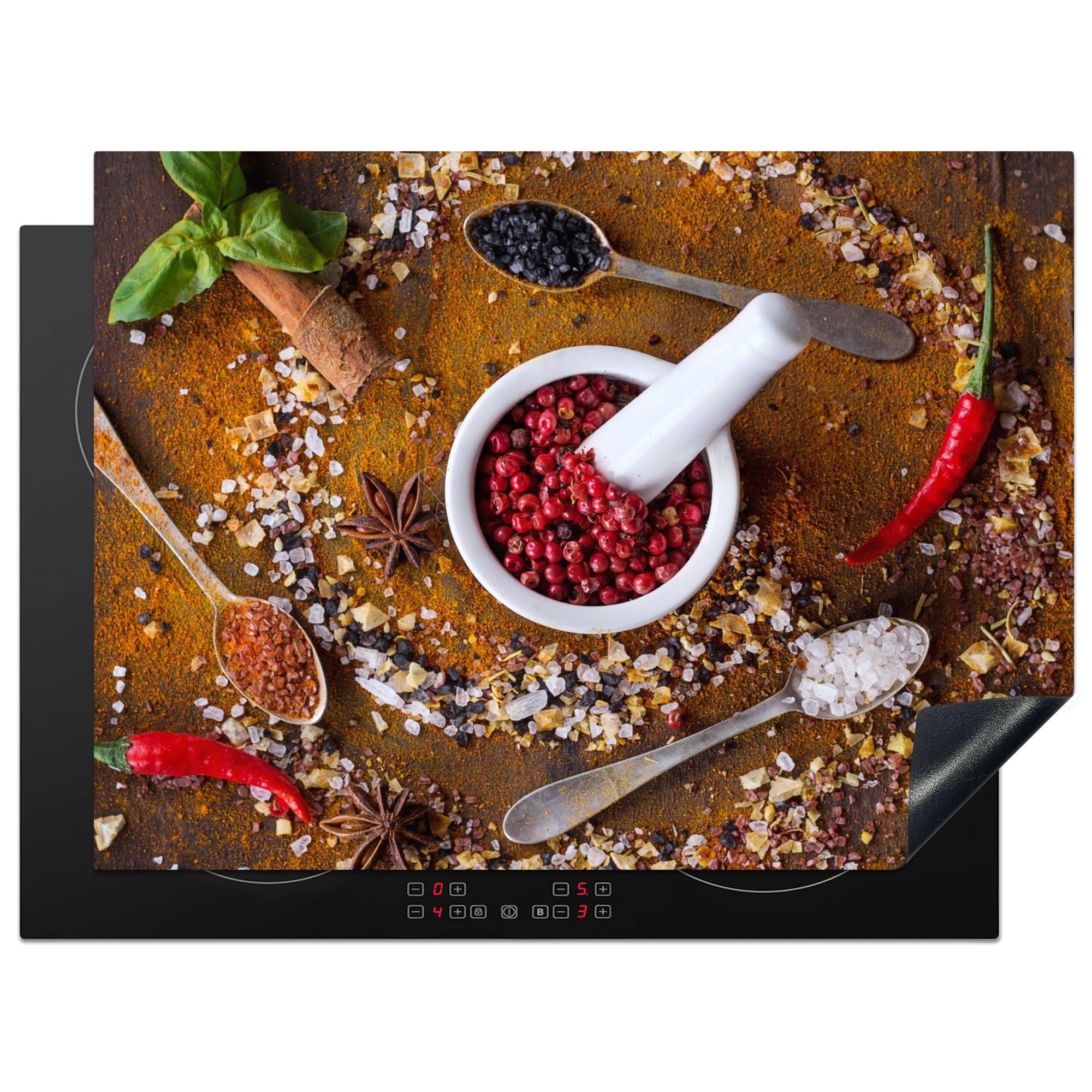 KitchenYeah© Induction Hob Protector Mat 20.5"x27.6" / 70x52 cm Cooker Top Protectors Cover Ceramic Covers Electric Hobs Vinyl Mortar - Herbs - Spoons - Spices - Brown - Pepper — image 1