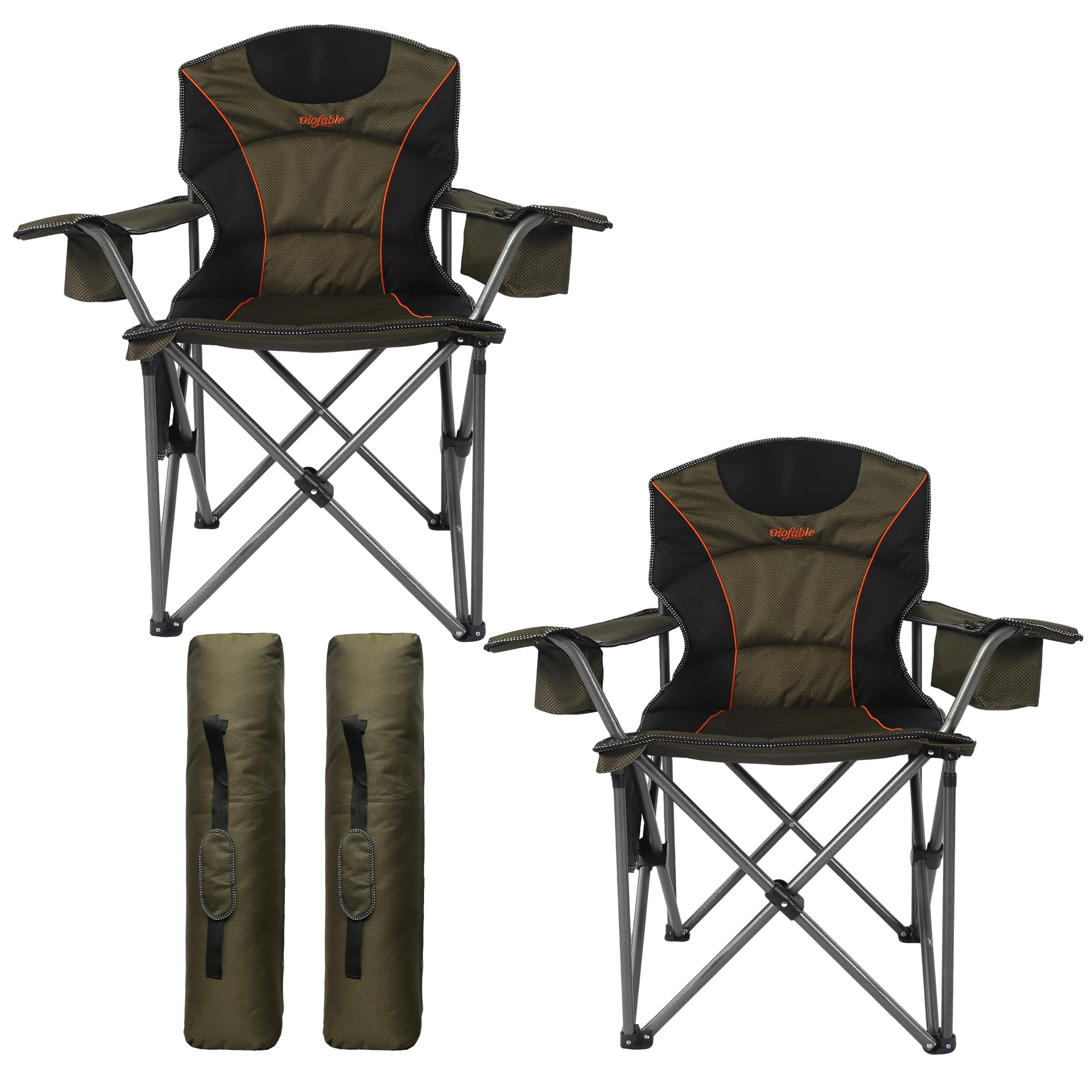Oversized Camping Folding Chair, Heavy Duty 450 LBS Steel Frame Collapsible Padded Armrest with Cup Holder & Lumbar Back Support, Portable Quad Design for Outdoor/Garden/Beach/Home (2, Green)