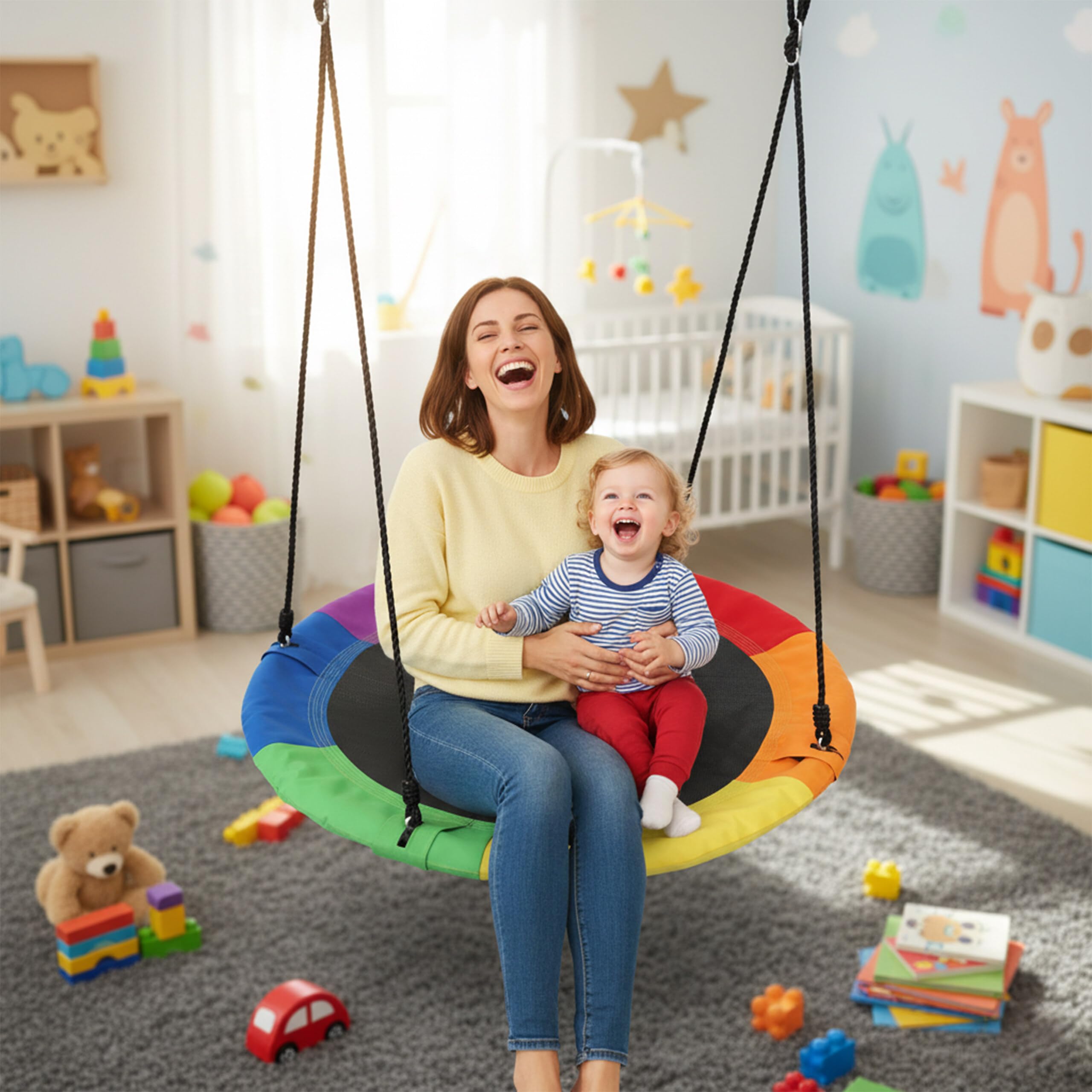 Relaxdays Balançoire nid d'oiseau Ronde, Ø 110 cm, à Suspendre, 100 kg, Multicolore, Enfant Adulte Jardin extérieur