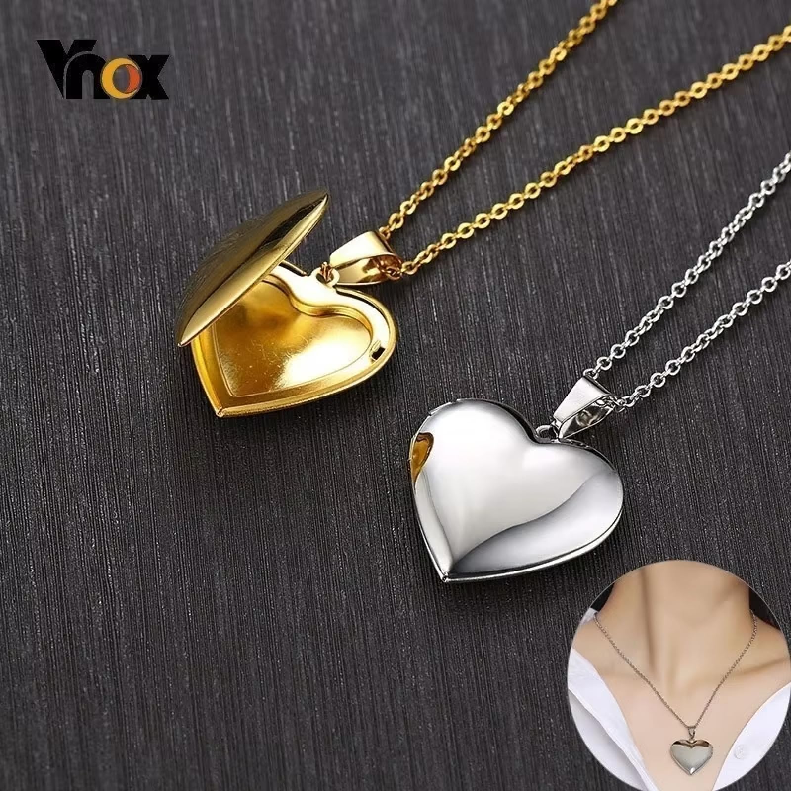 Collana con ciondolo a forma di cuore e luce per donne e uomini, apribile con cornice portafoto in acciaio inox lucido