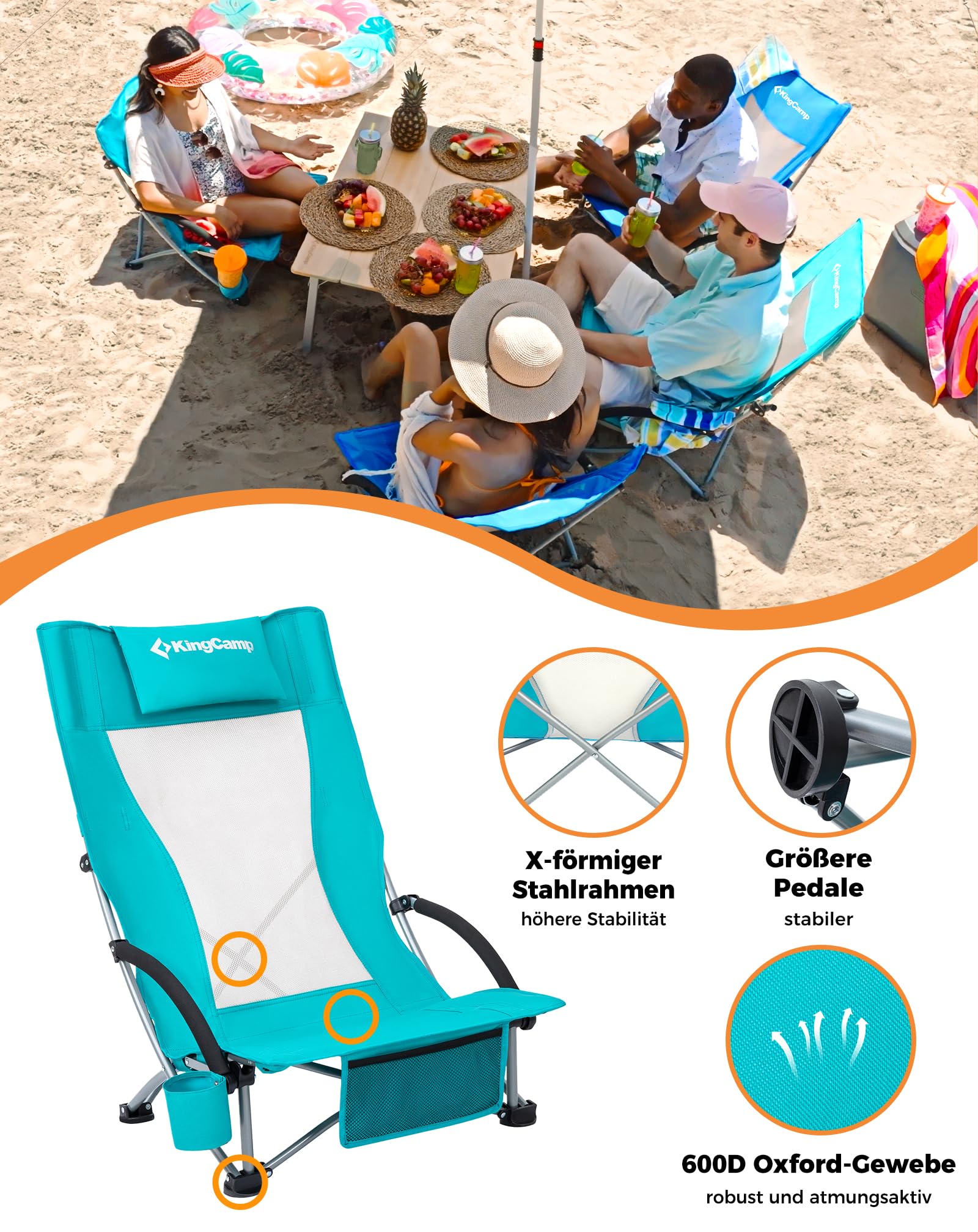 KingCamp Niedrig Strandstuhl Klappbar Leicht, bis 180 kg Belastbar, Campingstuhl Strandstuhl Faltbar mit Hohe Netzrückenlehne, Klappstuhl Strand mit Getränkehalter Netztasche, Strandsessel Cyan