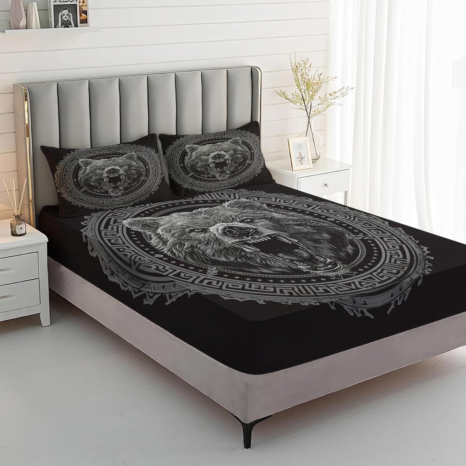 Bear Bed Sheets Queen Size - Viking Sheet Set - Deep Pocket Fitted Sheets & Flat Sheet & Pillowcases 4 Piece - Nordic Rune Bedding & Decor - Soft Brushed Microfibe
