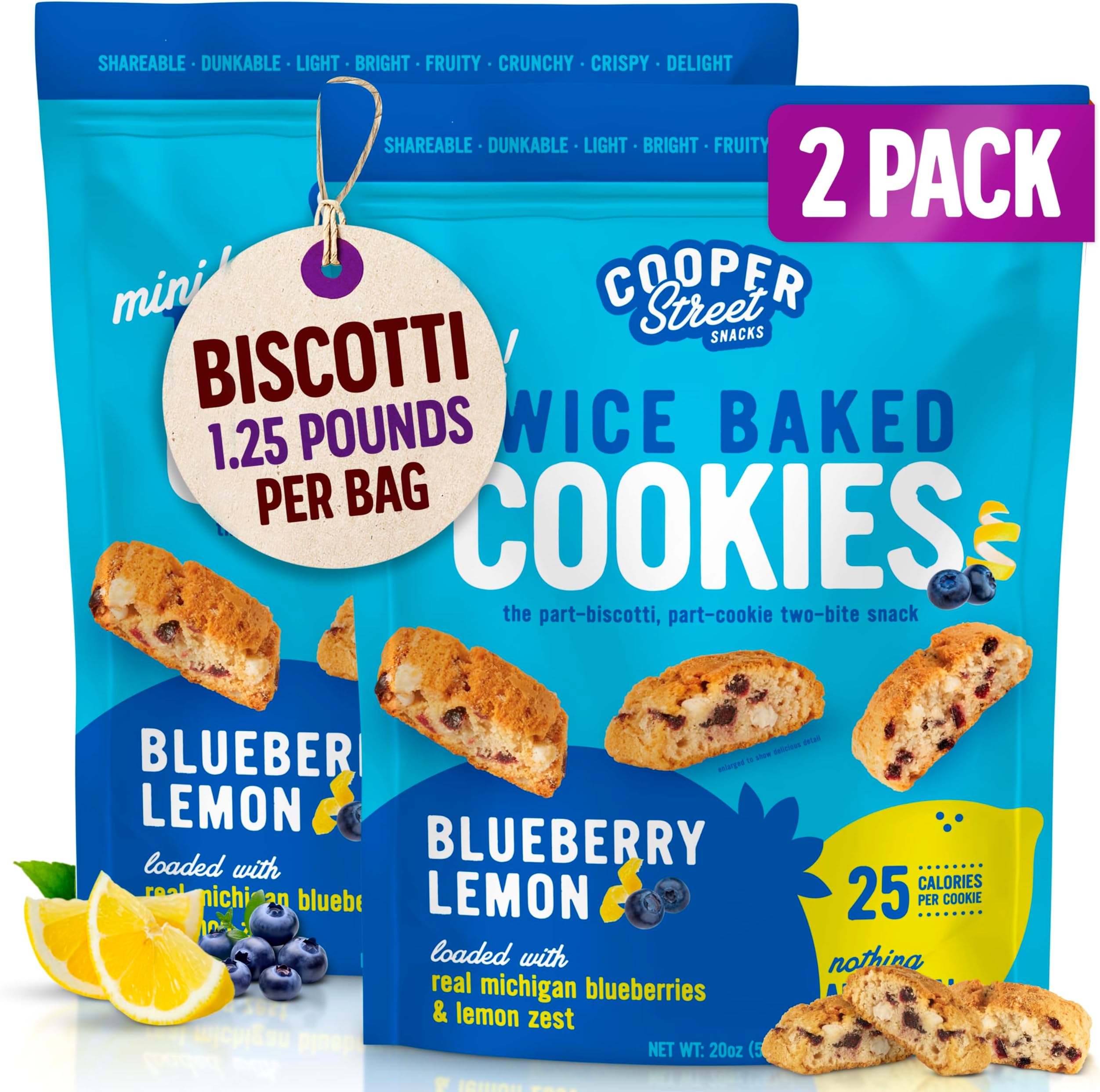 COOPER STREETItalian Biscotti Cookies - Twice Baked Biscotti Style Cookie Biscuits in Delicious Blueberry Lemon Flavor | Crispy, Light and Healthy Cookies | Peanut & Dairy Free | 20oz | 2 Pack