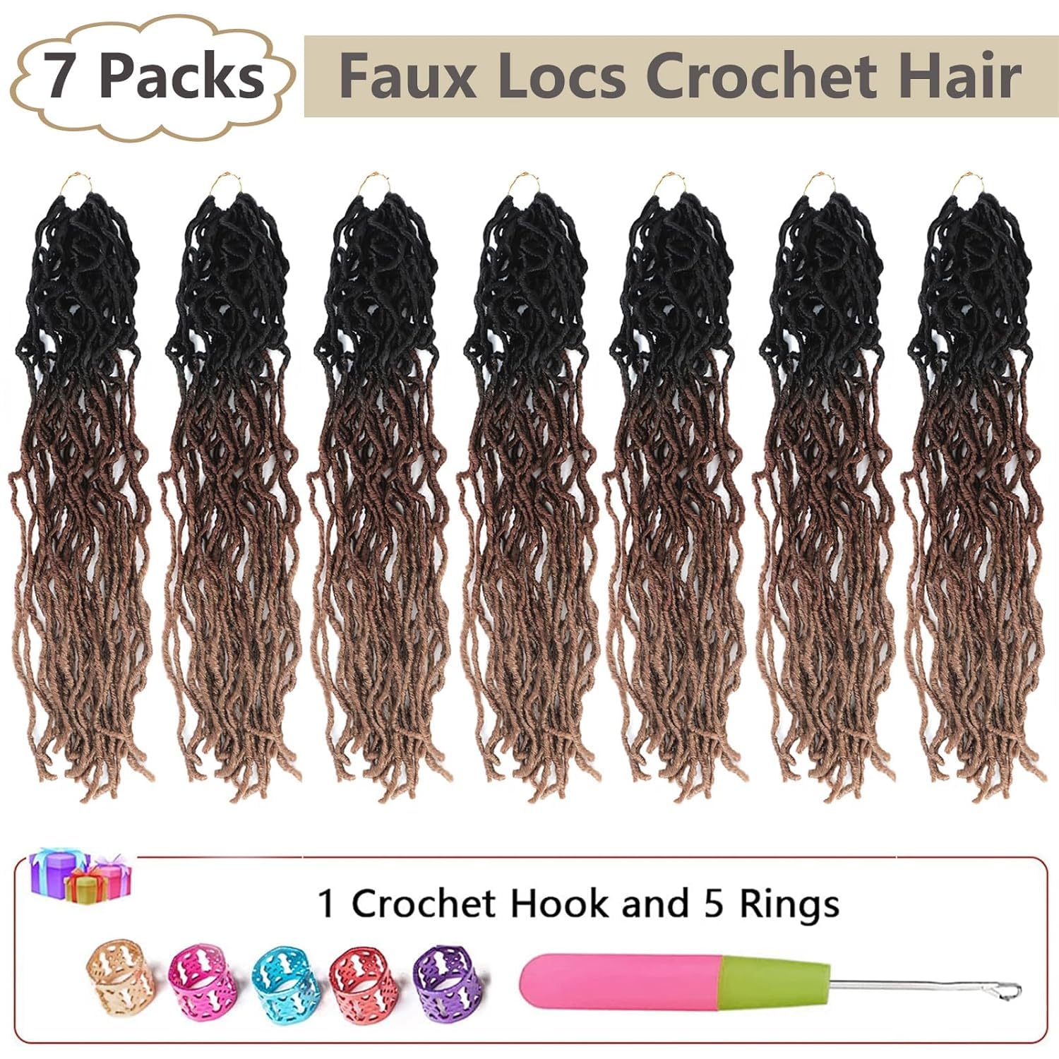 Mechones de pelo sintético ombré de ganchillo suaves de 26 pulgadas, 7 paquetes de rastas de ganchillo naturales largas para mujer, trenzas sintéticas preenrolladas de ganchillo (26 pulgadas (paquete