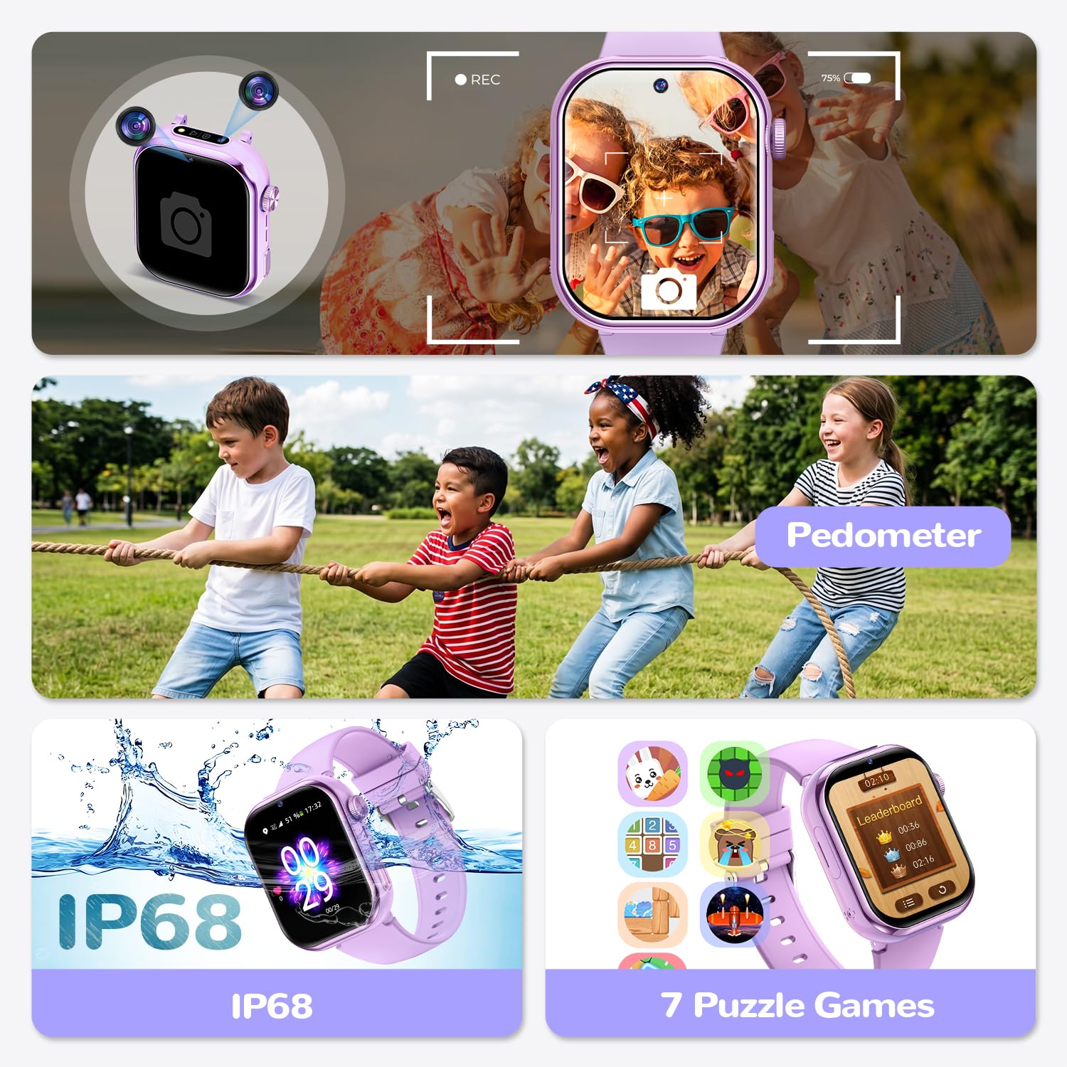 Smartwatch Kinder mit GPS und Telefon, Kinderuhr mit SIM, Videoanrufe, IP68, Lila