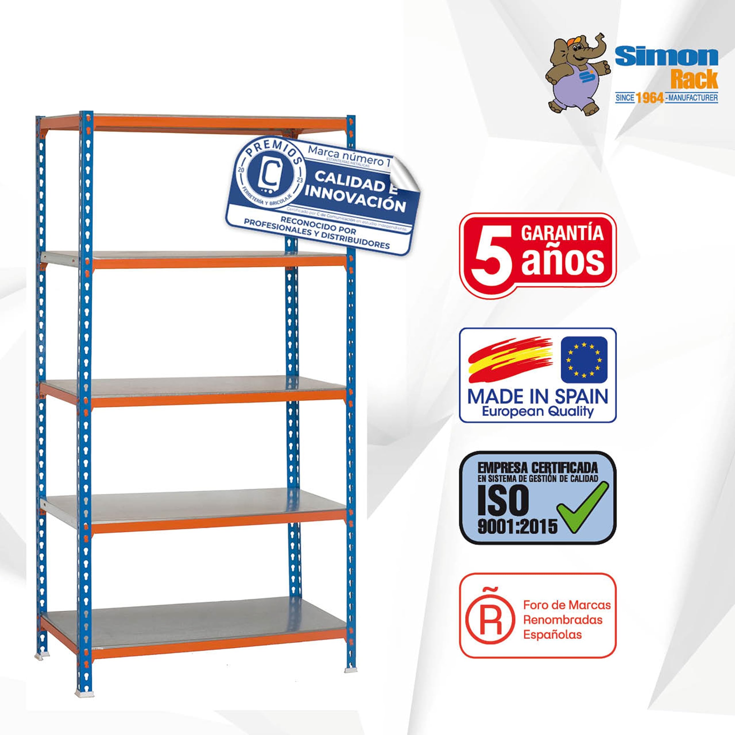 SimonRack Estanteria Metalica, 5 Baldas Ajustables, 200 kg de Punto Flexión, 2000x1100x500 mm, Estantería Almacenaje, Sin tornillos, Azul/Naranja/Galva - Simonclick | 5 Alturas, Bandeja Metal, 200 kg de Punto Flexión, Azul/Naranja/Galva, Pintura anticorro