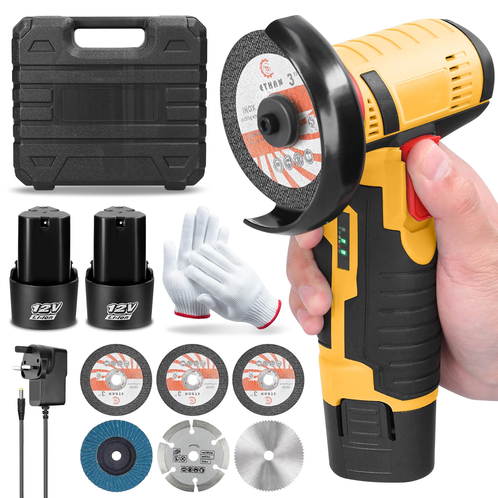 Mini Cordless Angle Grinder 12V Grinding Machine with 2PCS 2000mAh Battery, for Cutting Polishing and Sharpening, Battery Grinder Side Disc Grinder 19500 RPM Tool with Grindering Wheel