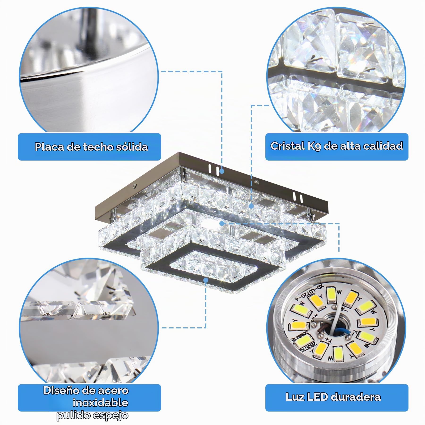 Finktonglan Plafón LED de cristal K9 rectangular 30×23×11 cm, 24 W 6500 K (blanco frío), semiempotrado de acero inoxidable para salón, dormitorio y comedor