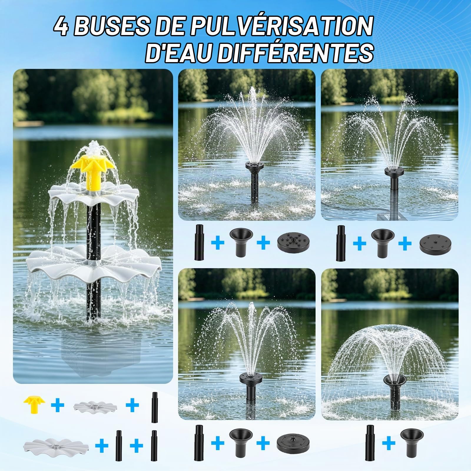 10W Fontaine Solaire, avec Batterie 1500mAh, Pompe Solaire pour Fontaine 250L/h 9 Buses Hauteur 90cm, Kit Fontaine Solaire pour Bassin de Jardin, Piscine, Aquarium, Baignoire à Oiseaux