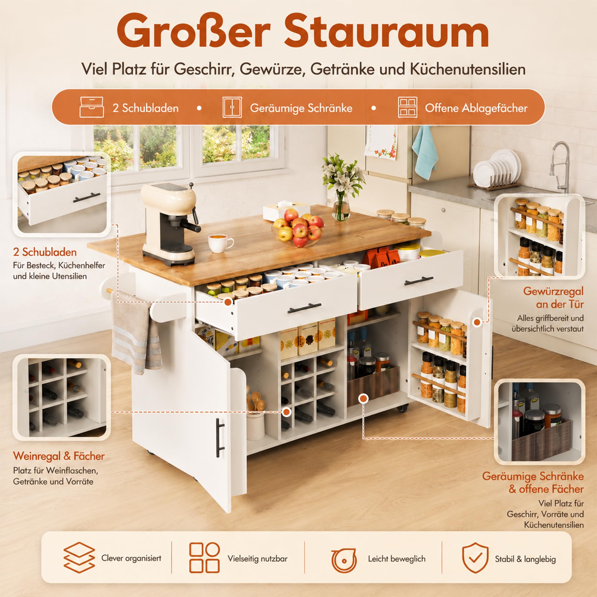 Isola da cucina con piano di lavoro pieghevole, bianco, carrello da cucina arrotolabile con vano portaoggetti, 2 cassetti, scaffale per vino, portaspezie, portasciugamani, design salvaspazio