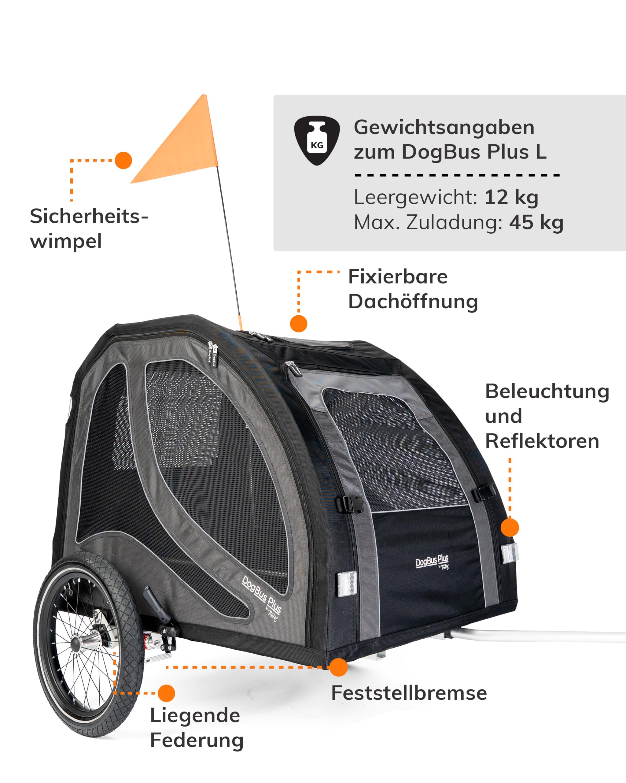 TrendPet DogBus Plus L - Gefederter Aluminium Fahrradanhänger für Hunde, Hundanhänger für große Hunde