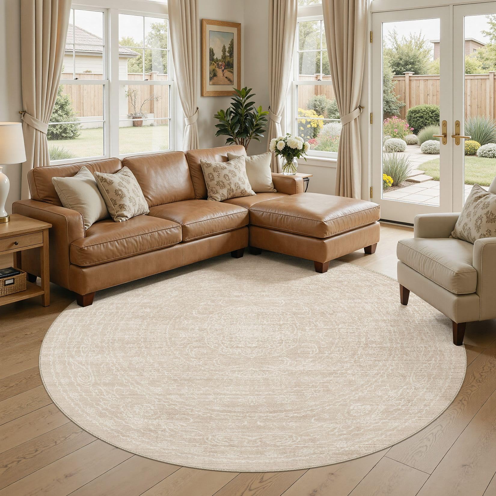 Photo 1 of 8ft Round Rug Living Room: Washable Large Vintage Neutral Area Rug Non-Slip Soft Stain Resistant Indoor Carpet for Bedroom Nursery Dining Room Under Table Bed Home House Office Playroom - Beige