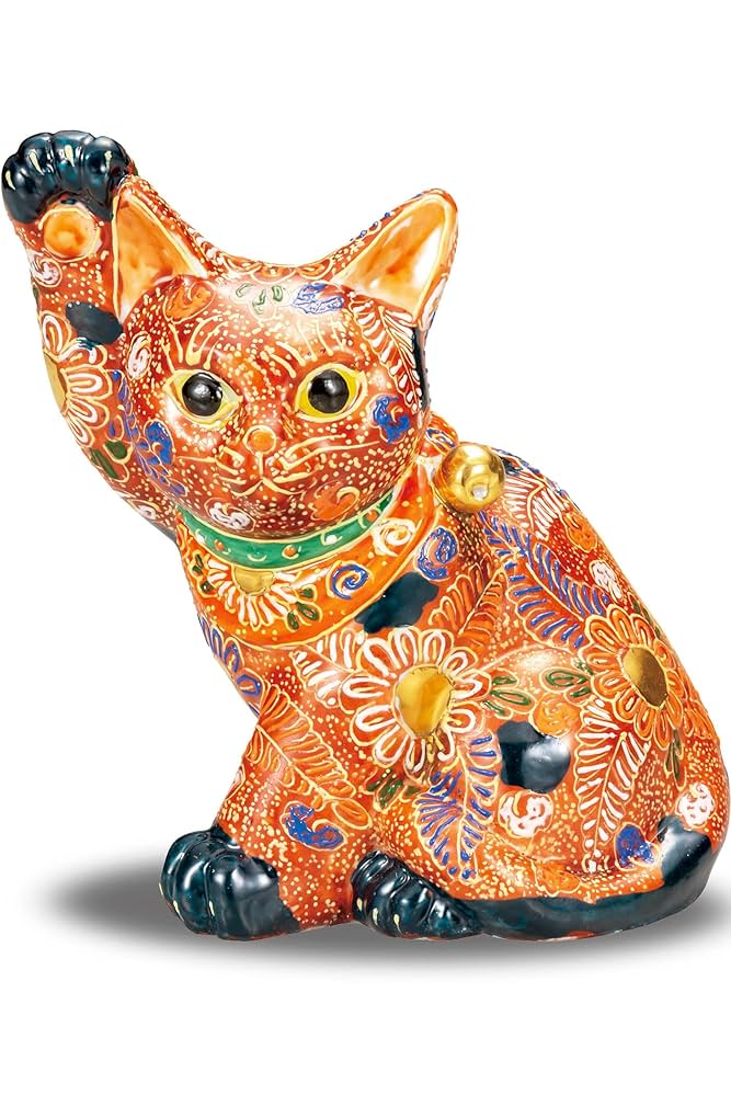 九谷焼　招き猫の置物　インテリア Amazon.co.jp: 招き猫 置物 九谷焼 右手 横座り招き猫 茶盛 風水