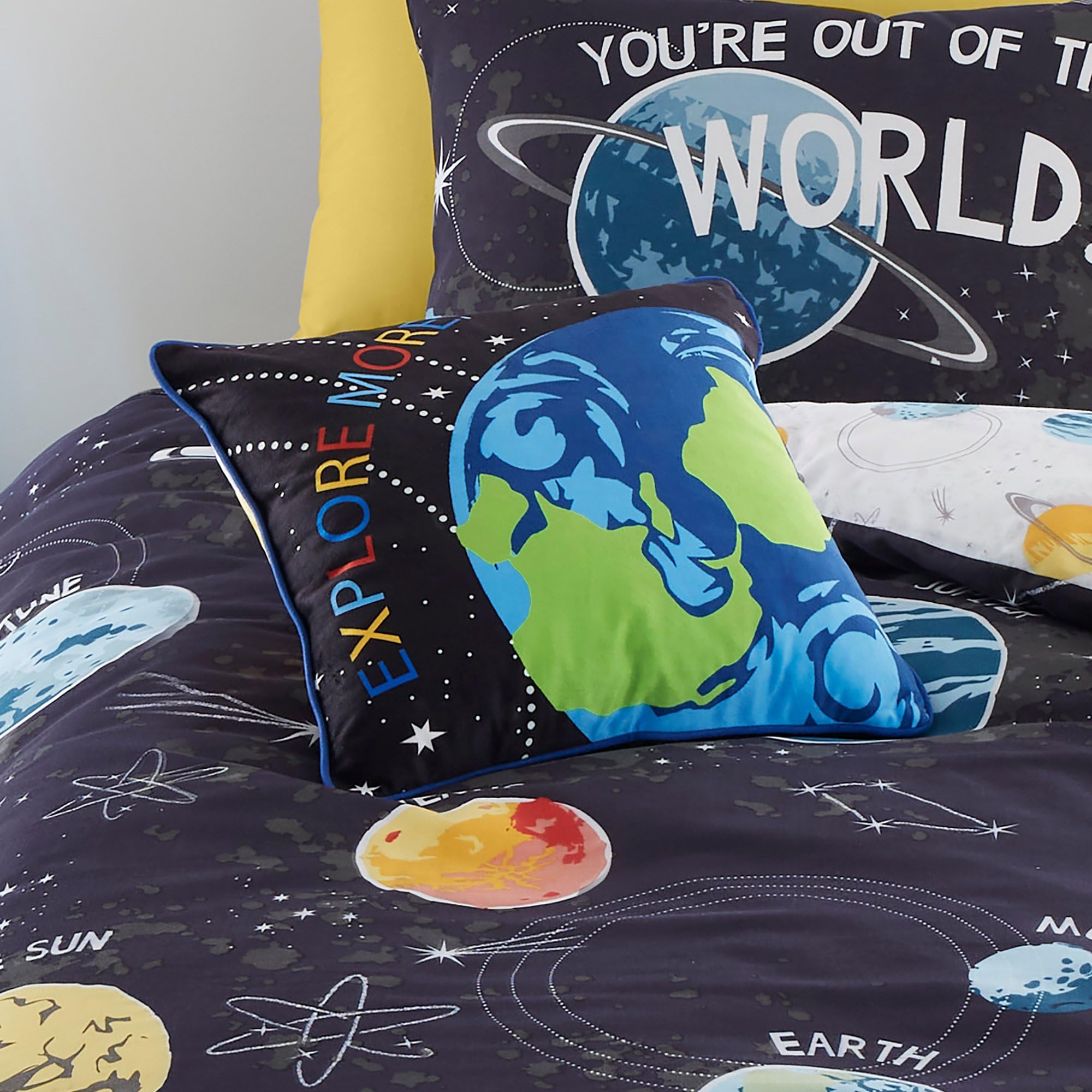 Bedlam - Earth in Space Cushion (43 x 43cm) - Soft Velvet - Reversible (2 Designs) - Filling/Insert Included - Super Soft Velvet Cushion with Galaxies/Planets - Universe Themed Cushion in Black
