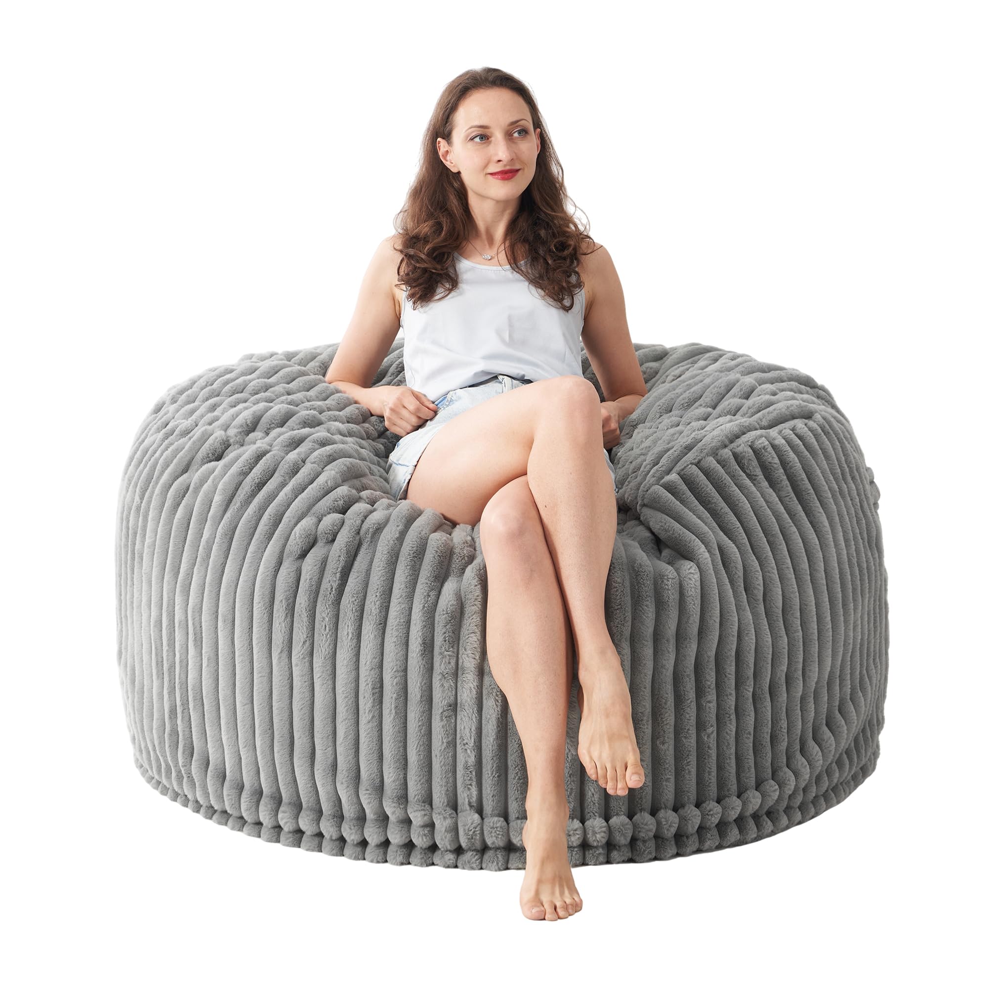 Bean Bag Chair, 4' BeanBag Chairs with Memory Foam Filling for Adults, Soft Bean Bags with Corded Plush Fur Cover for Living Room Bedroom College Dorm 4FT(44"×44"×24")-Grey