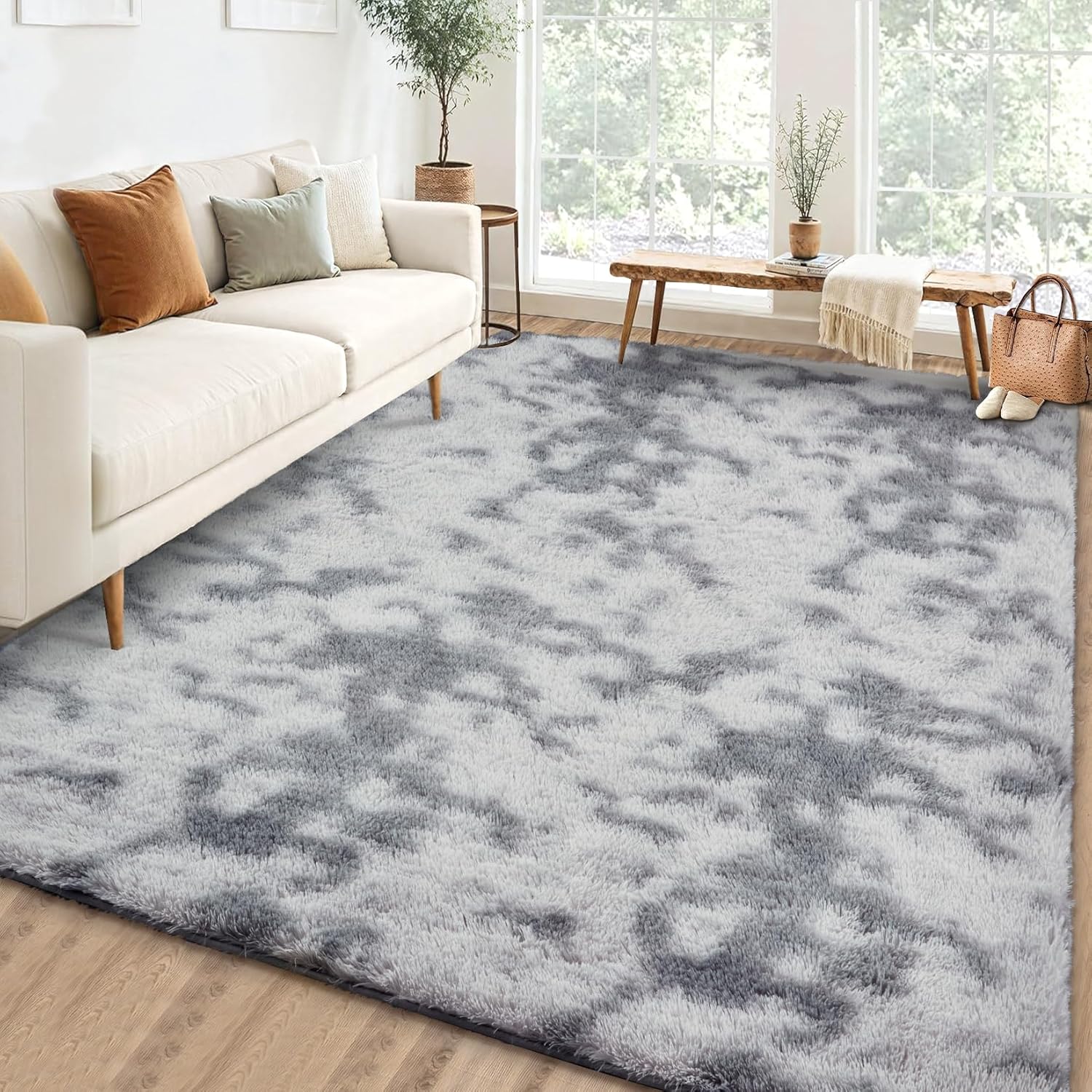 garveehome 9x12 fluffy area rug- shag area rug for living room, shaggy large indoor thick living room carpet with non-slip backing, soft plush carpet for bedroom, 9x12, tie-dye light grey tie-dye light grey 9' x 12' (rectangular)