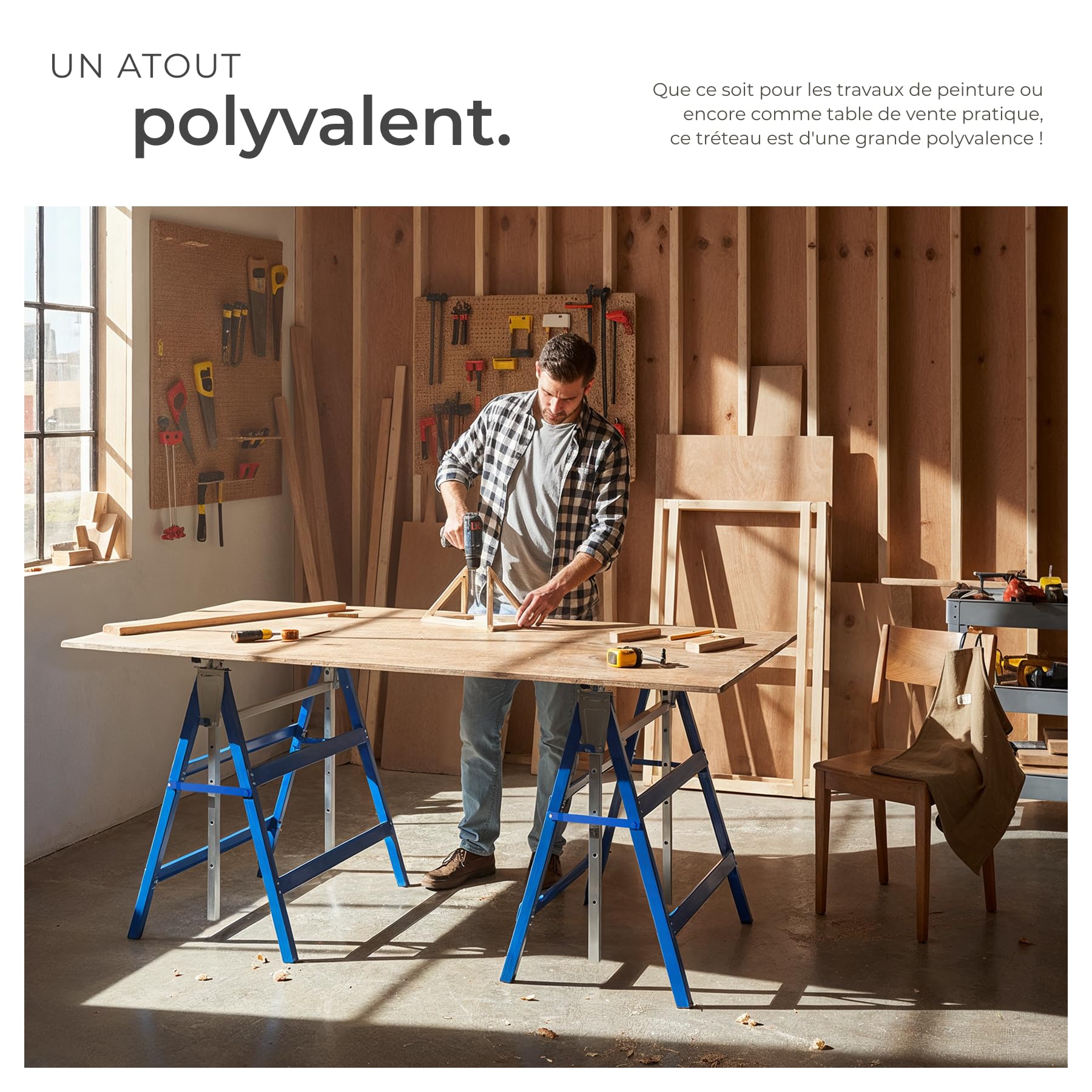 tectake® 2 Tréteaux télescopiques pliables, Treteaux 68,5 x 56,5 x 79,5 cm, Treteaux reglables en acier, 7 réglages en hauteur, Charge max. 220 kg par Tréteau, Etabli pliant, Chevalet de sciage, Bleu