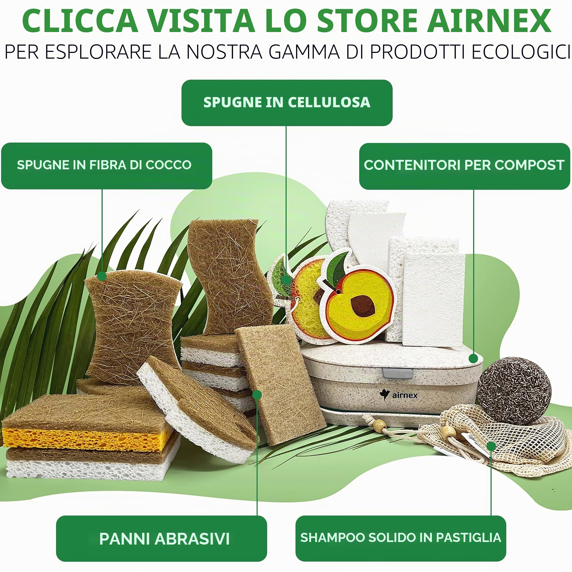 AIRNEX - Spugna da cucina naturale biodegradabile, spugna compostabile in cellulosa e noce di cocco, con funzione abrasiva, spugne ecologiche per piatti, confezione da 12 pezzi