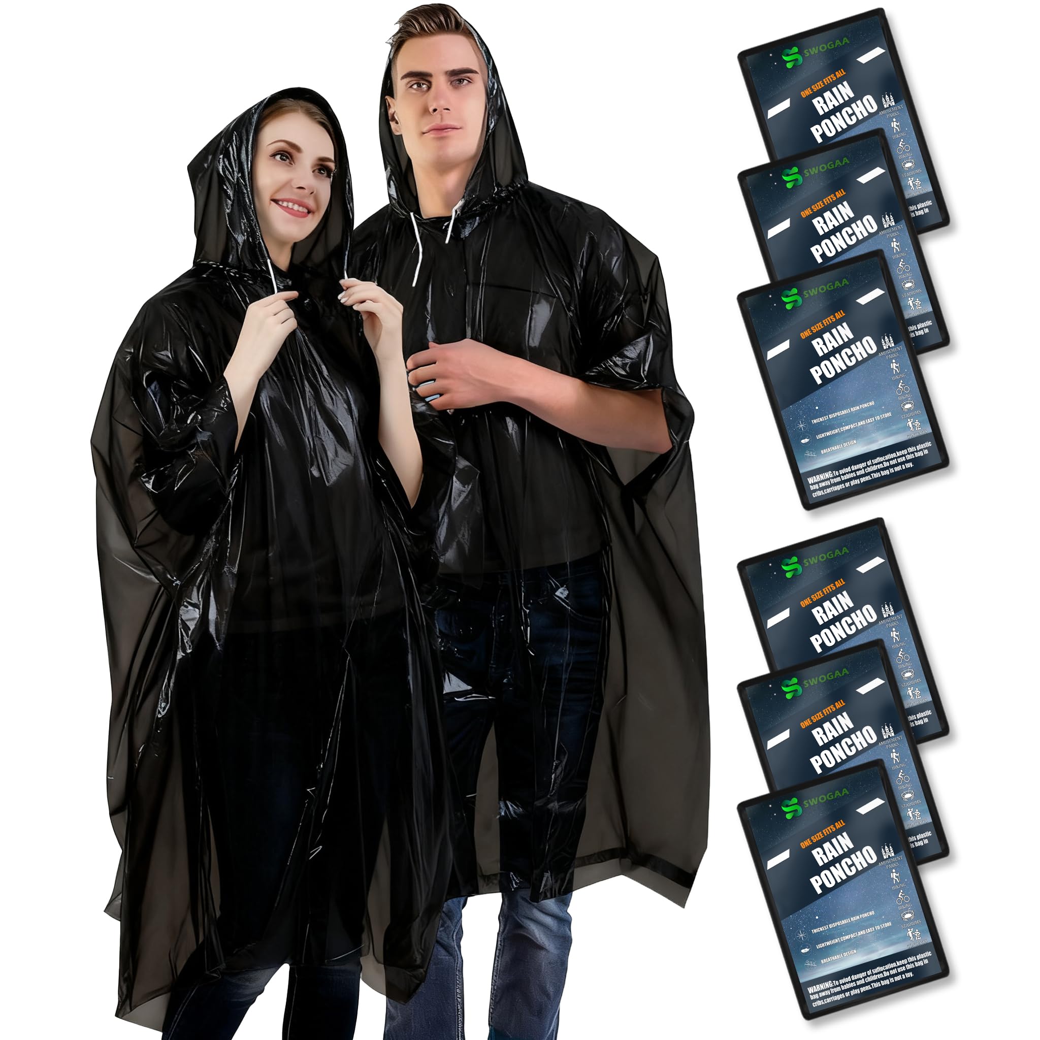 Swogaa Unisex Adults Black 6 Pack Disposable Rain Ponchos For Adults 6 Pack - 50% Extra Thicker Men Or Women Waterproof Emergency Ponchos With Hood - Black