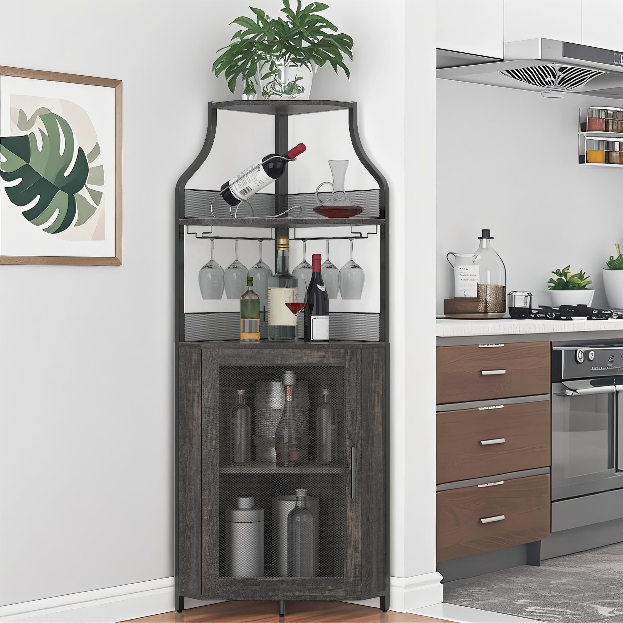 Garvee Eck-Weinbar-Schrank Mit Großem Stauraum Und Abnehmbarem Weinregal, Kaffeebar Mit Glasaufbewahrung Und Gittertür, 4-Stufiger Getränkeschrank Für Bar- Und Weinlagerung.