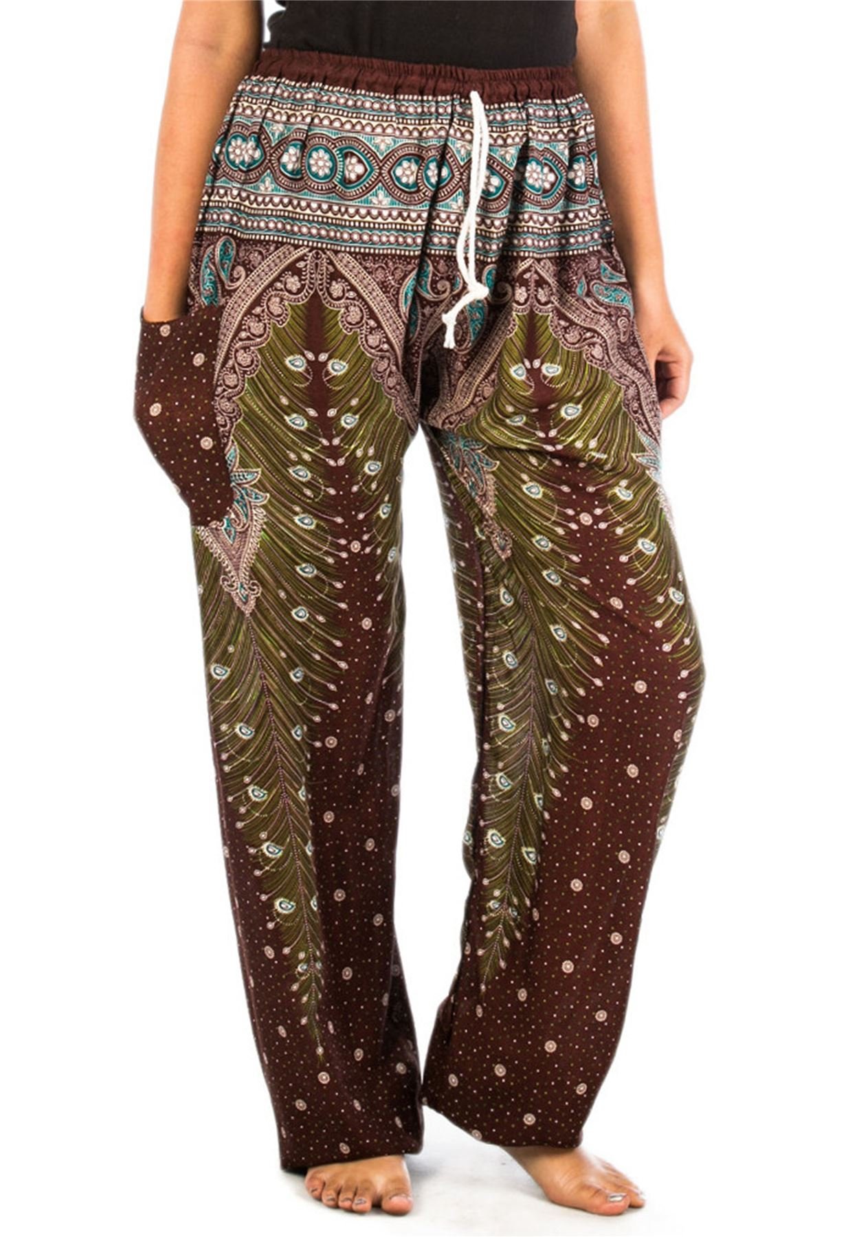 Lofbaz Women's Peacock 1 Drawstring Harem Boho Pants Brown 2XL