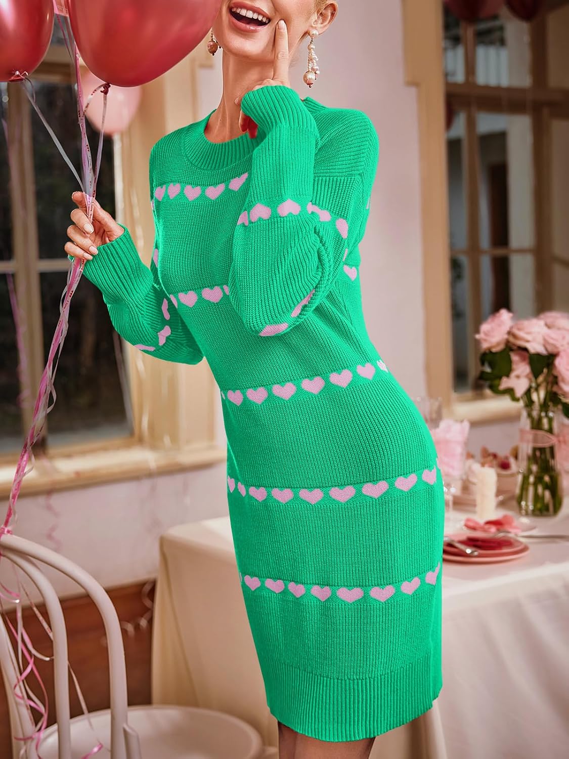 Wenrine Womens Long Sleeve Sweater Dress Fall Knit Heart Crewneck Cute Valentines Bodycon Mini Dresses - Image 4