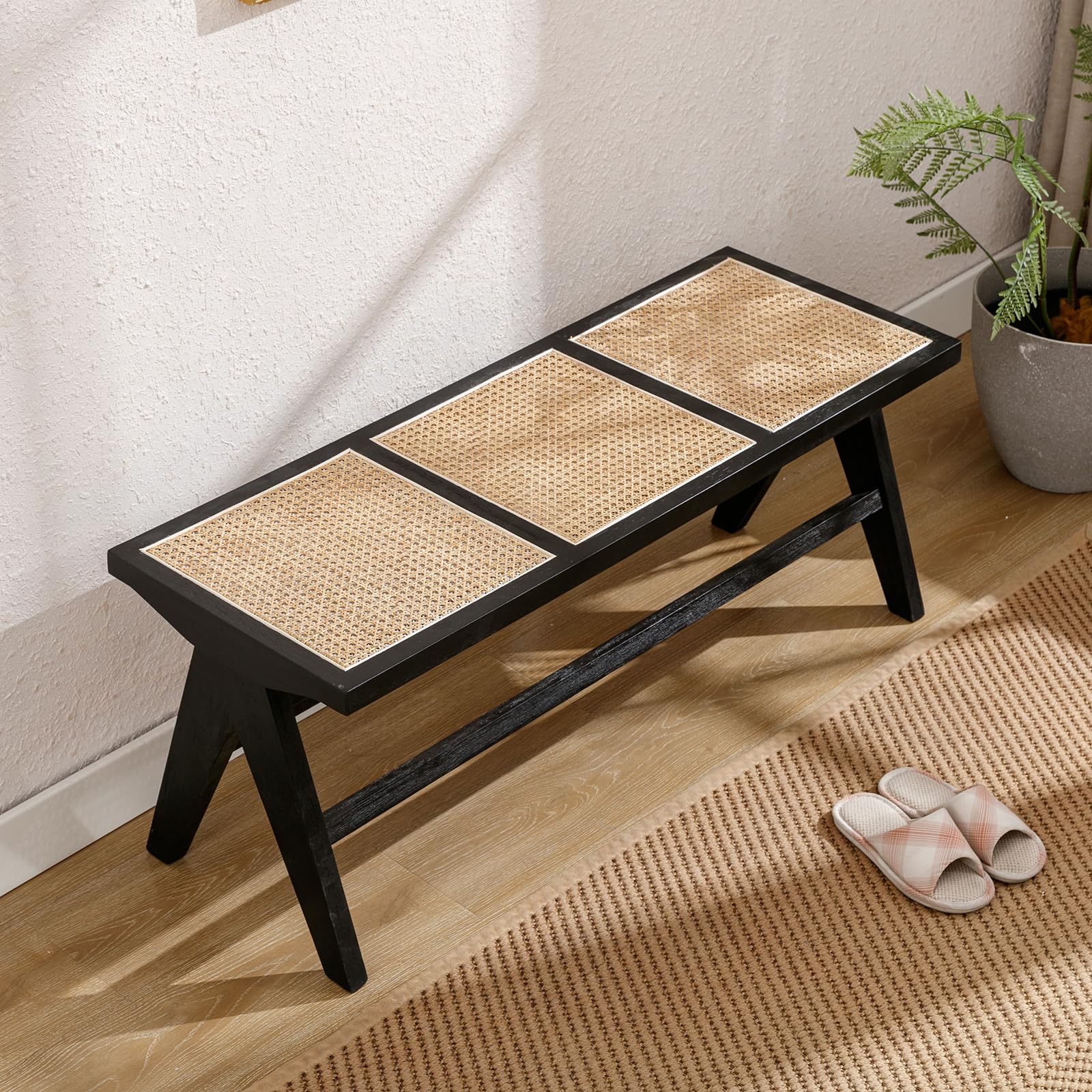 chairus Banco Entrada de Madera Banco de Salón Rústico con Asiento Ratán, Banco Dormotorio Natural con Patas de Madera para Hogar/Habitación, Negro