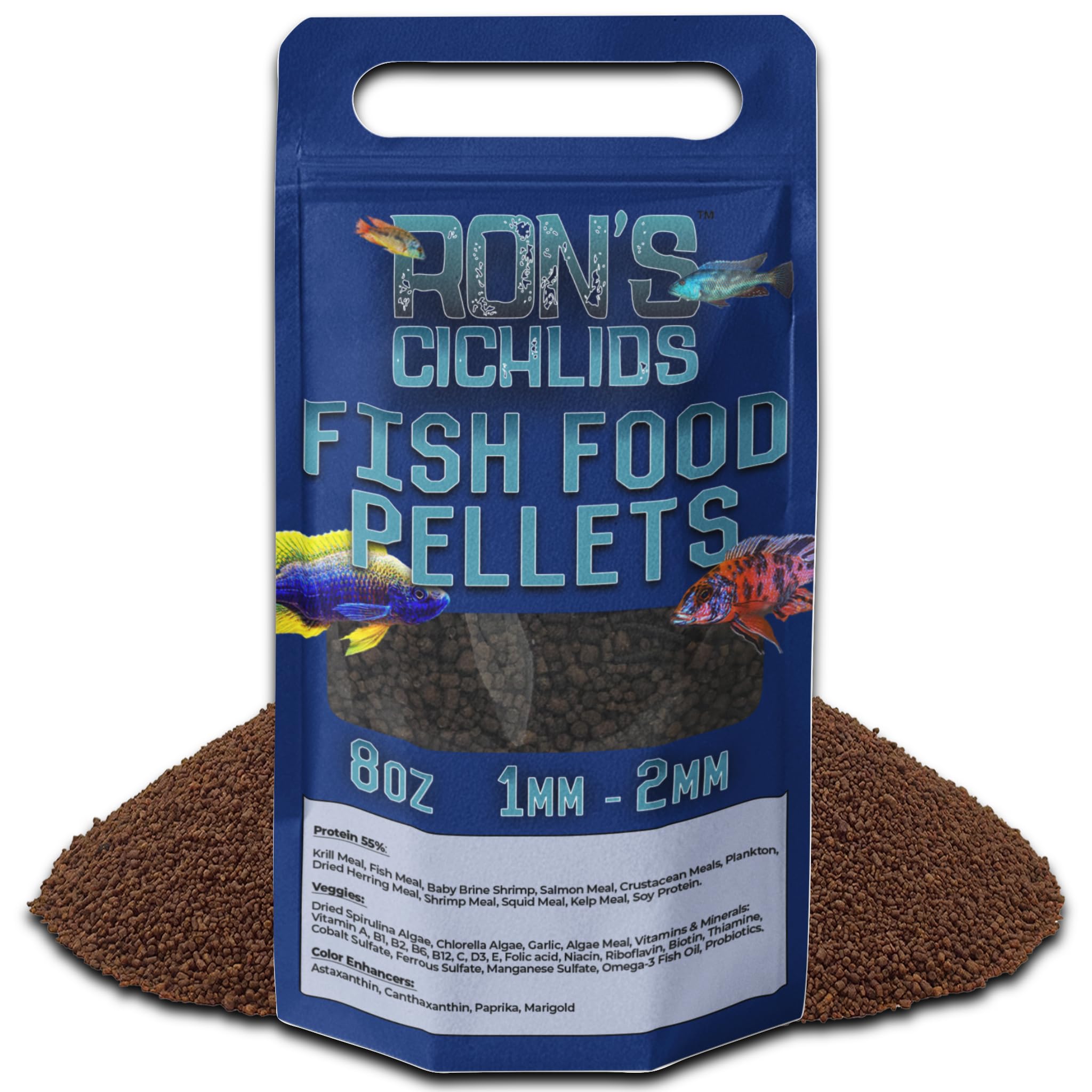 RON'S CICHLIDS African Cichlid Fish Food, Premium Tropical Fish Food Pellets with Protein, Veggies & Fruits for Healthier, Brighter & Bigger Tropical