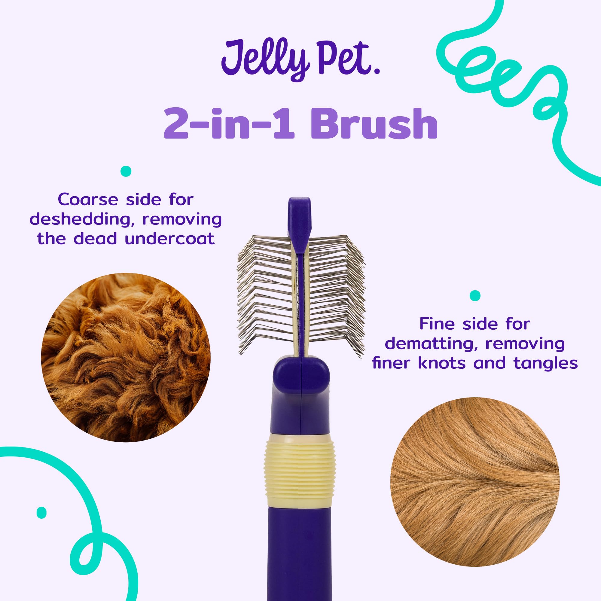 Jelly Pet Cepillo de doble cara para perros, pasadores más largos, cabeza flexible, lados finos/gruesos, elimina enredos no deseados, pequeño, morado